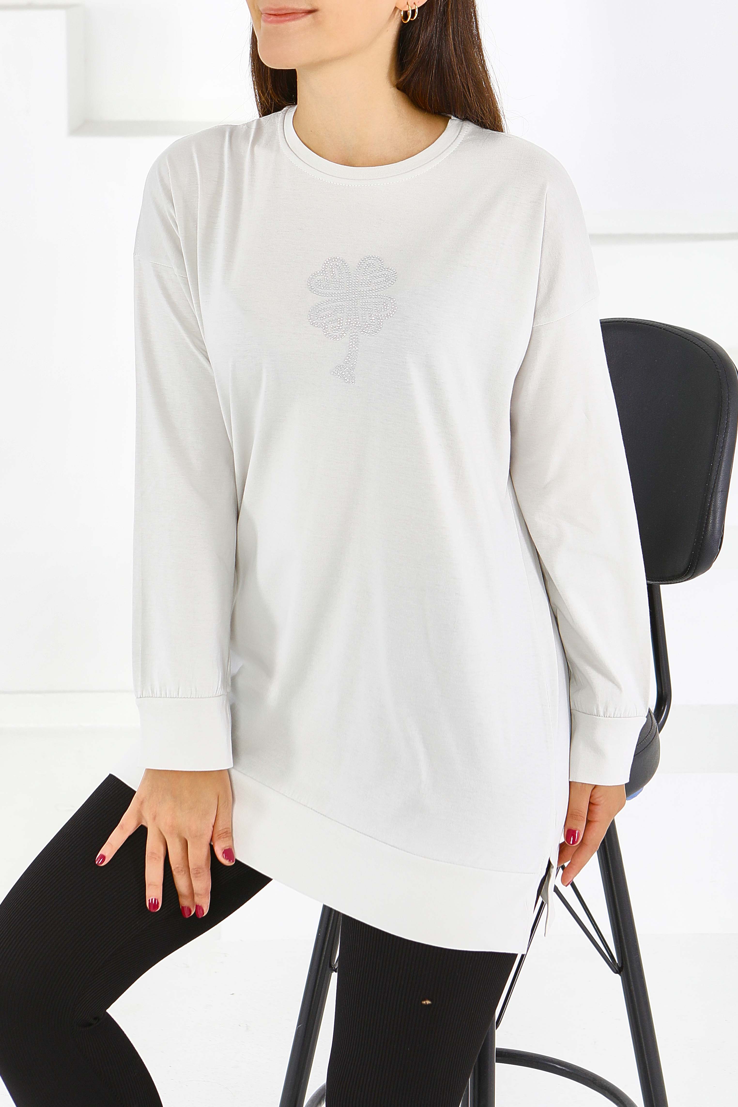 Uzun Kollu Taşlı Tunik - 27582 - 1