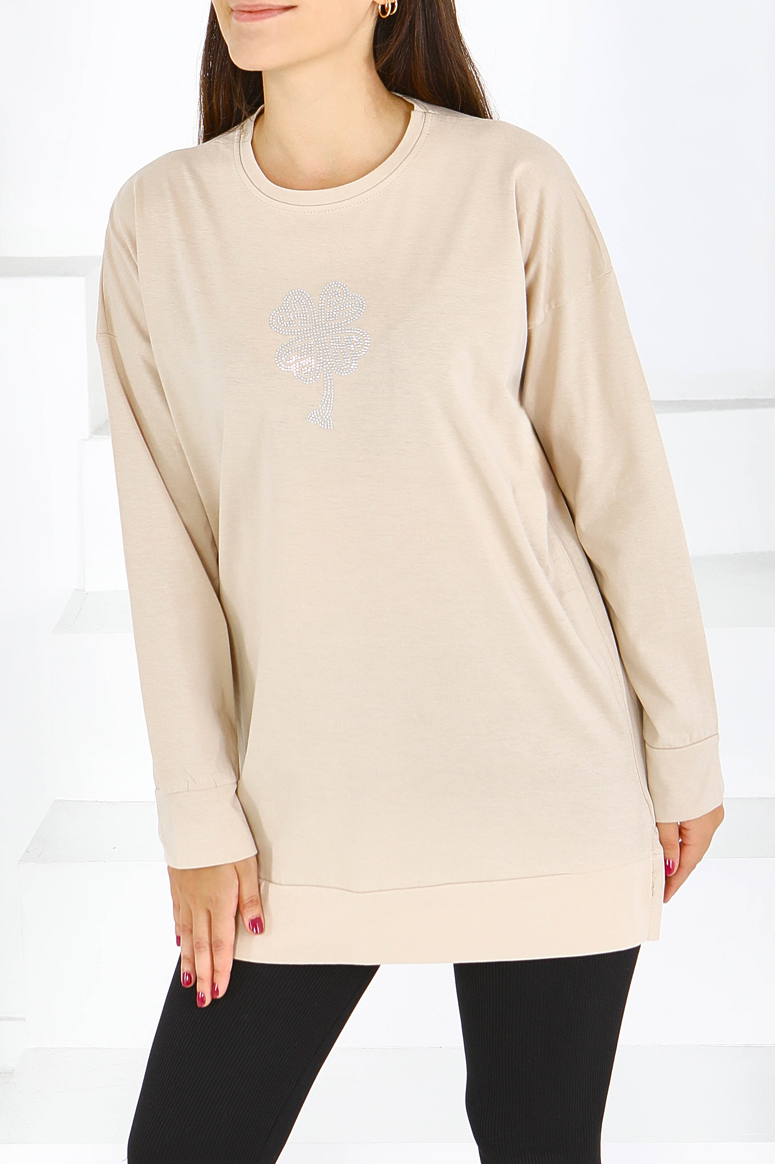 Uzun Kollu Taşlı Tunik - 27582 - 1