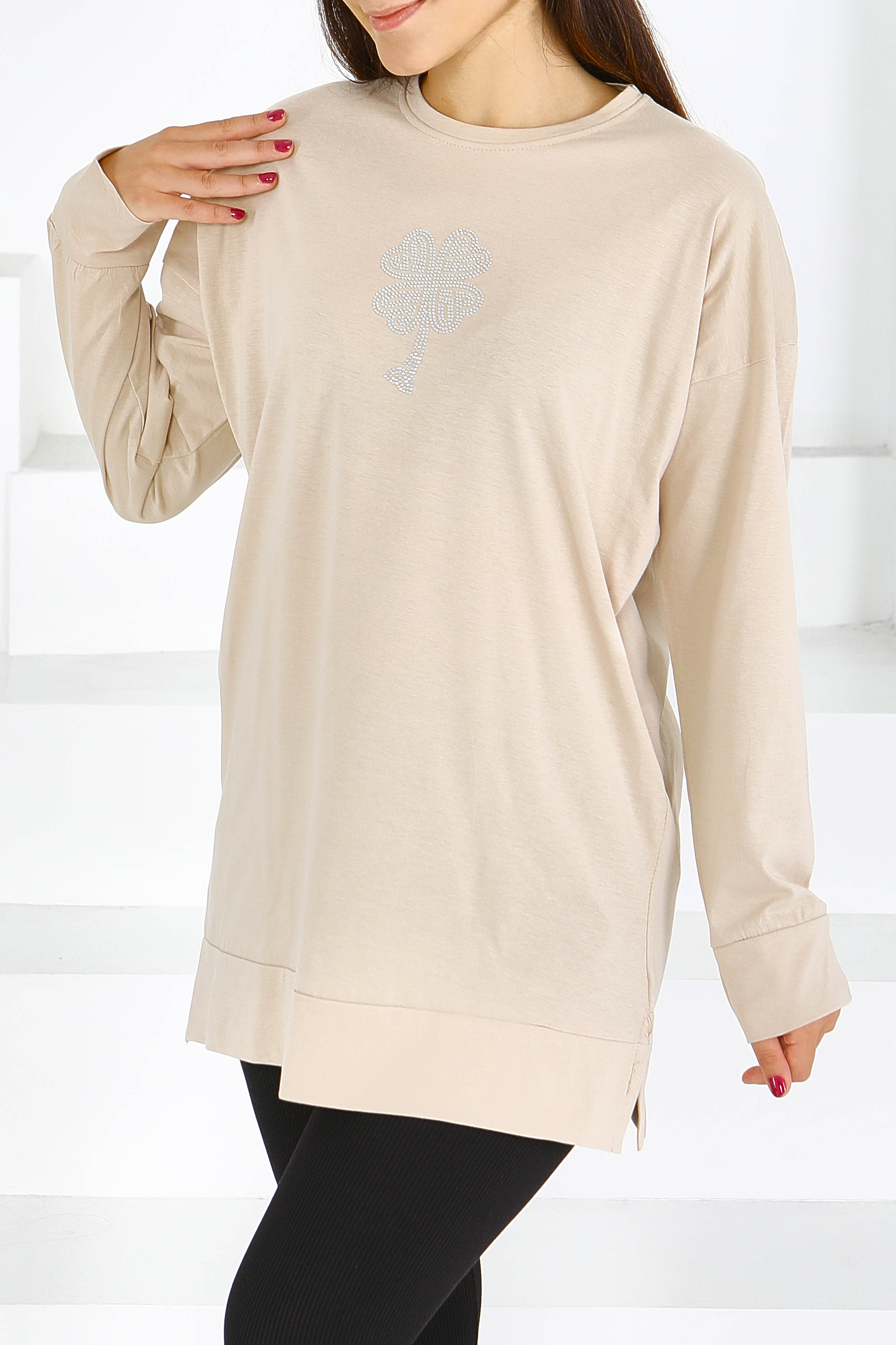 Uzun Kollu Taşlı Tunik - 27582 - 2