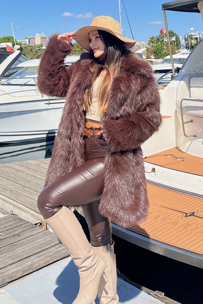 Uzun Lolita Kürk Mont - 27812-KAHVE 