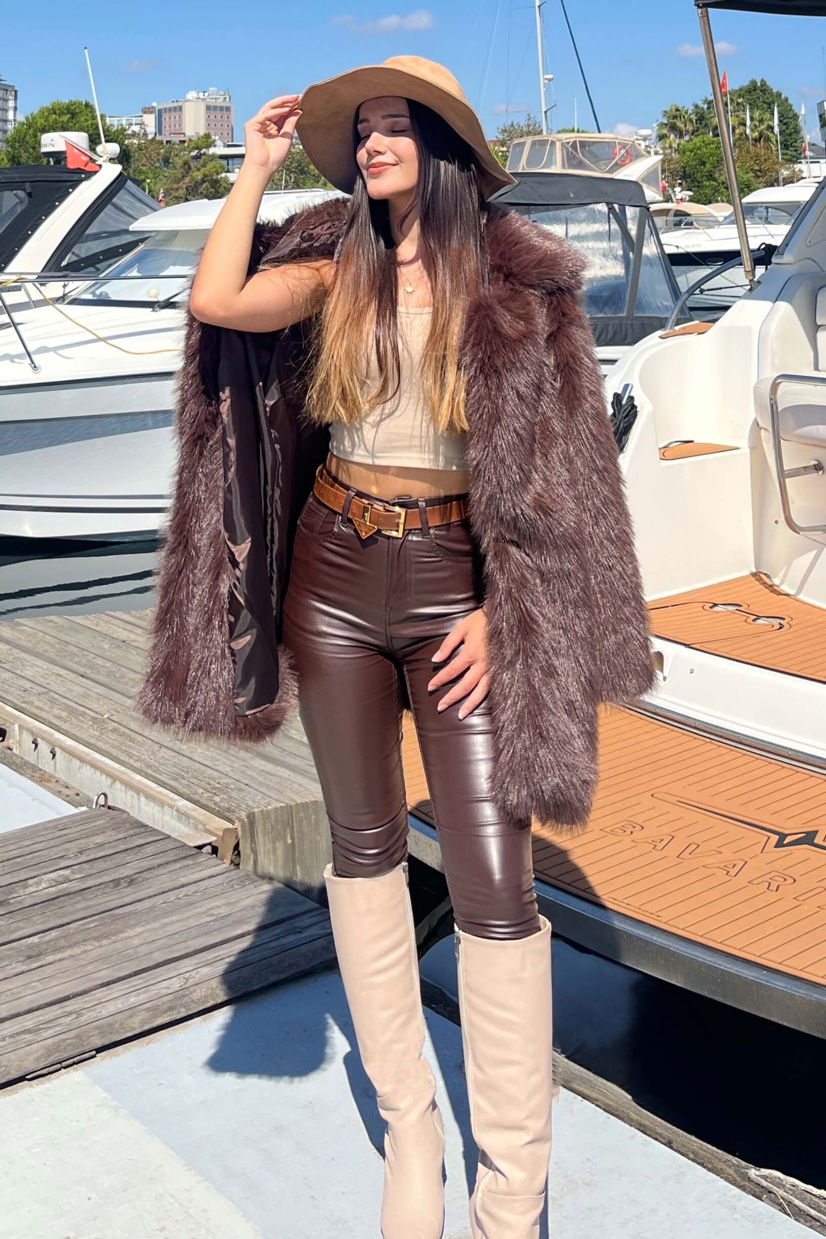Uzun Lolita Kürk Mont - 27812-KAHVE - 3