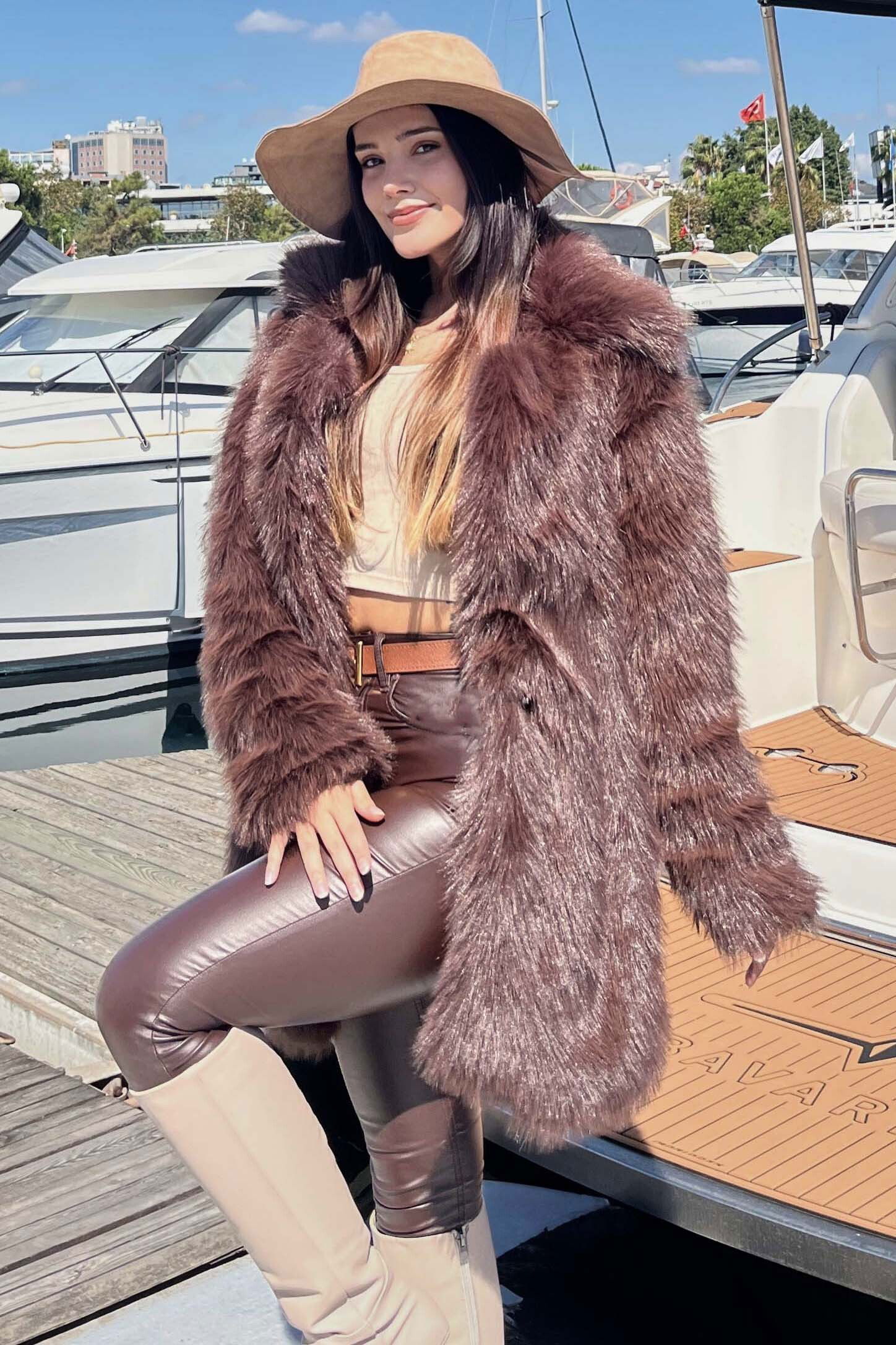 Uzun Lolita Kürk Mont - 27812-KAHVE - 4