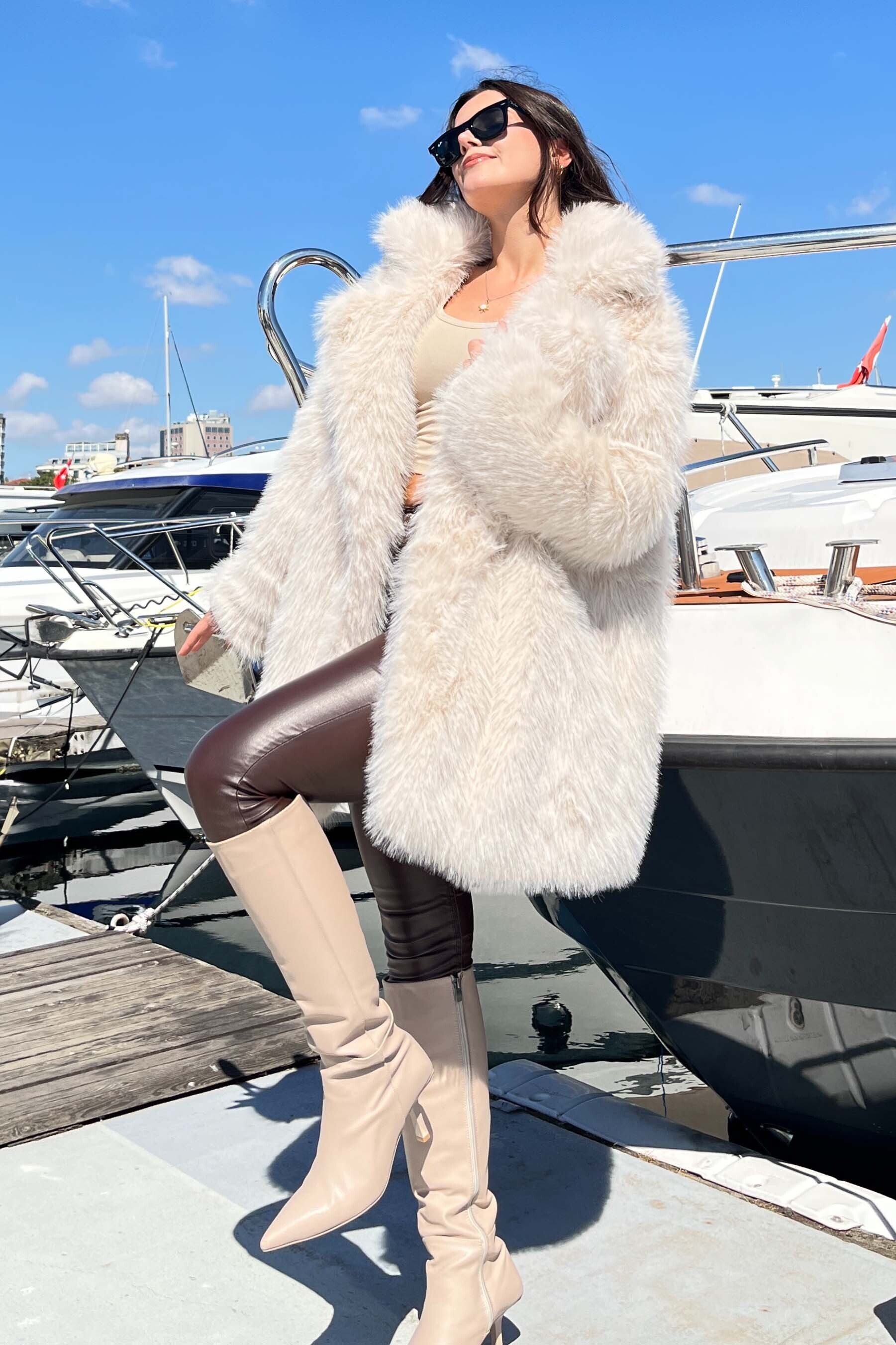 Uzun Lolita Kürk Mont - 27812-KREM - 5