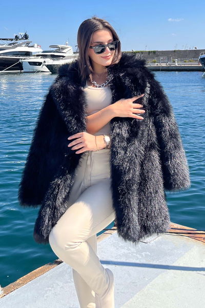 Uzun Lolita Kürk Mont - 27812-SIYAH 