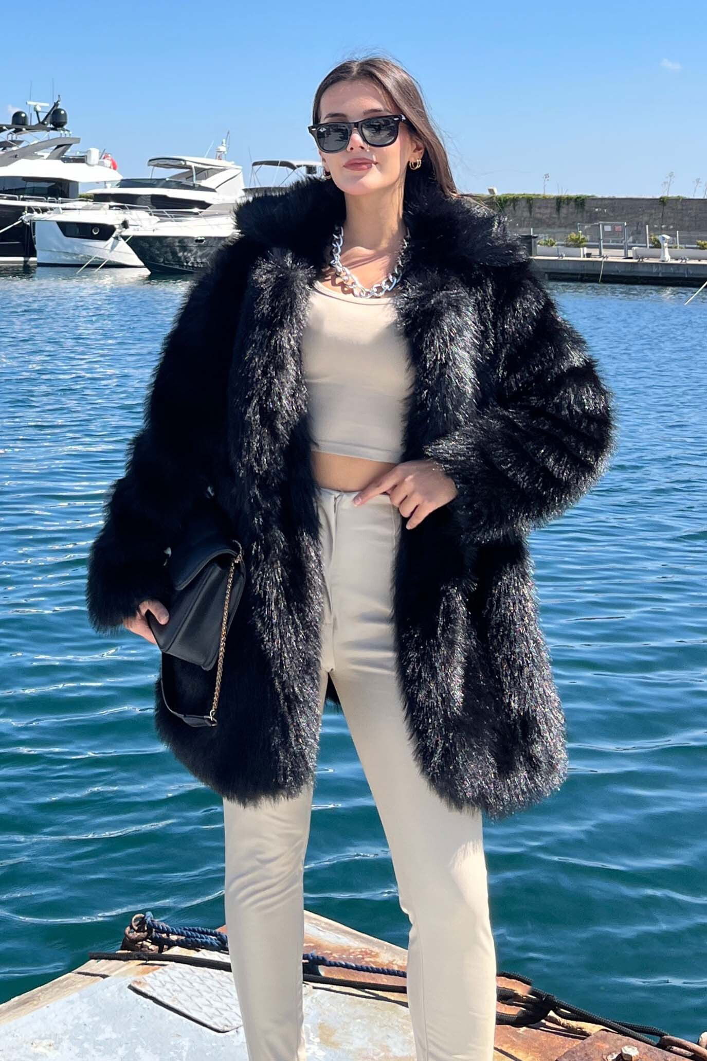 Uzun Lolita Kürk Mont - 27812-SIYAH - 2