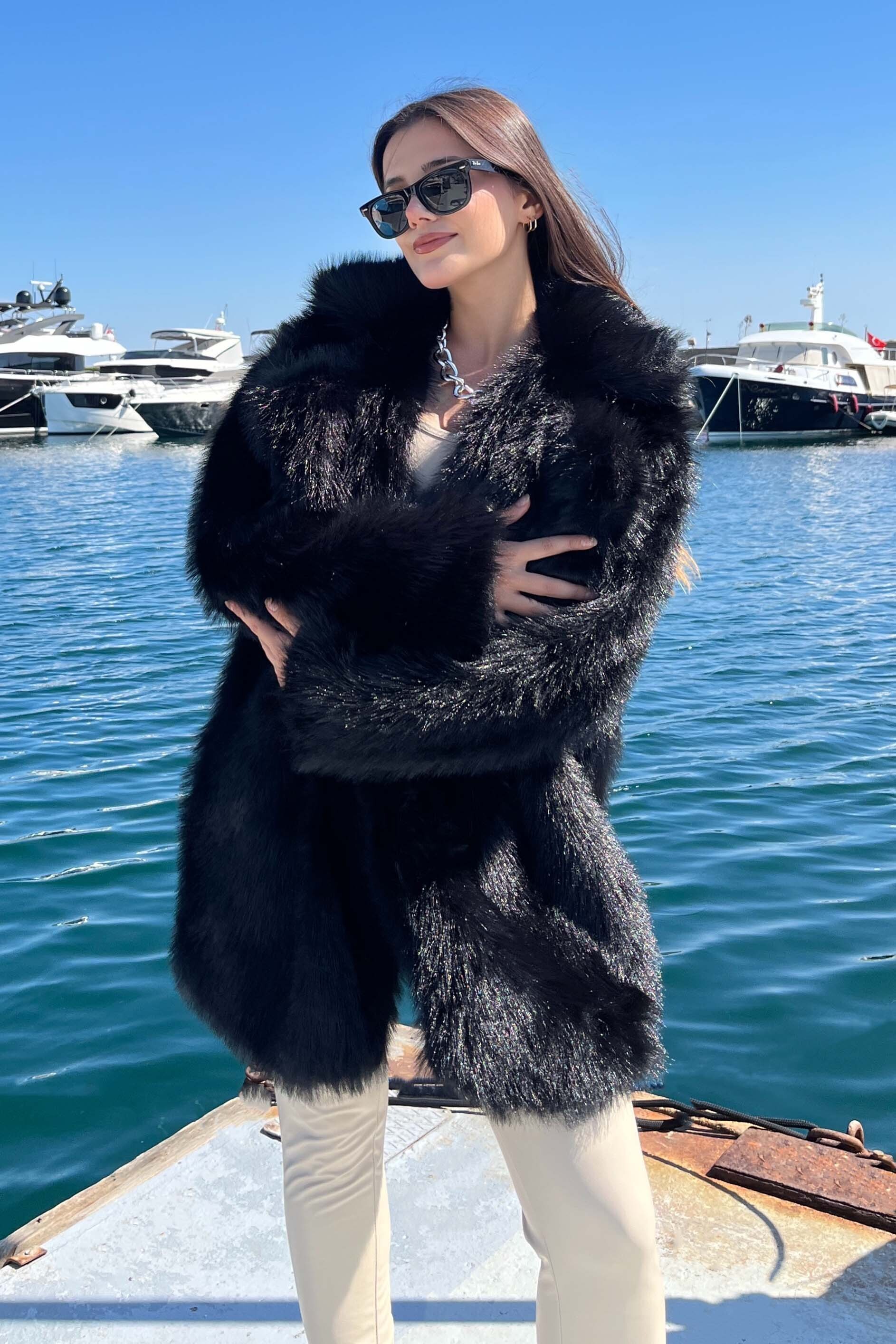 Uzun Lolita Kürk Mont - 27812-SIYAH - 3