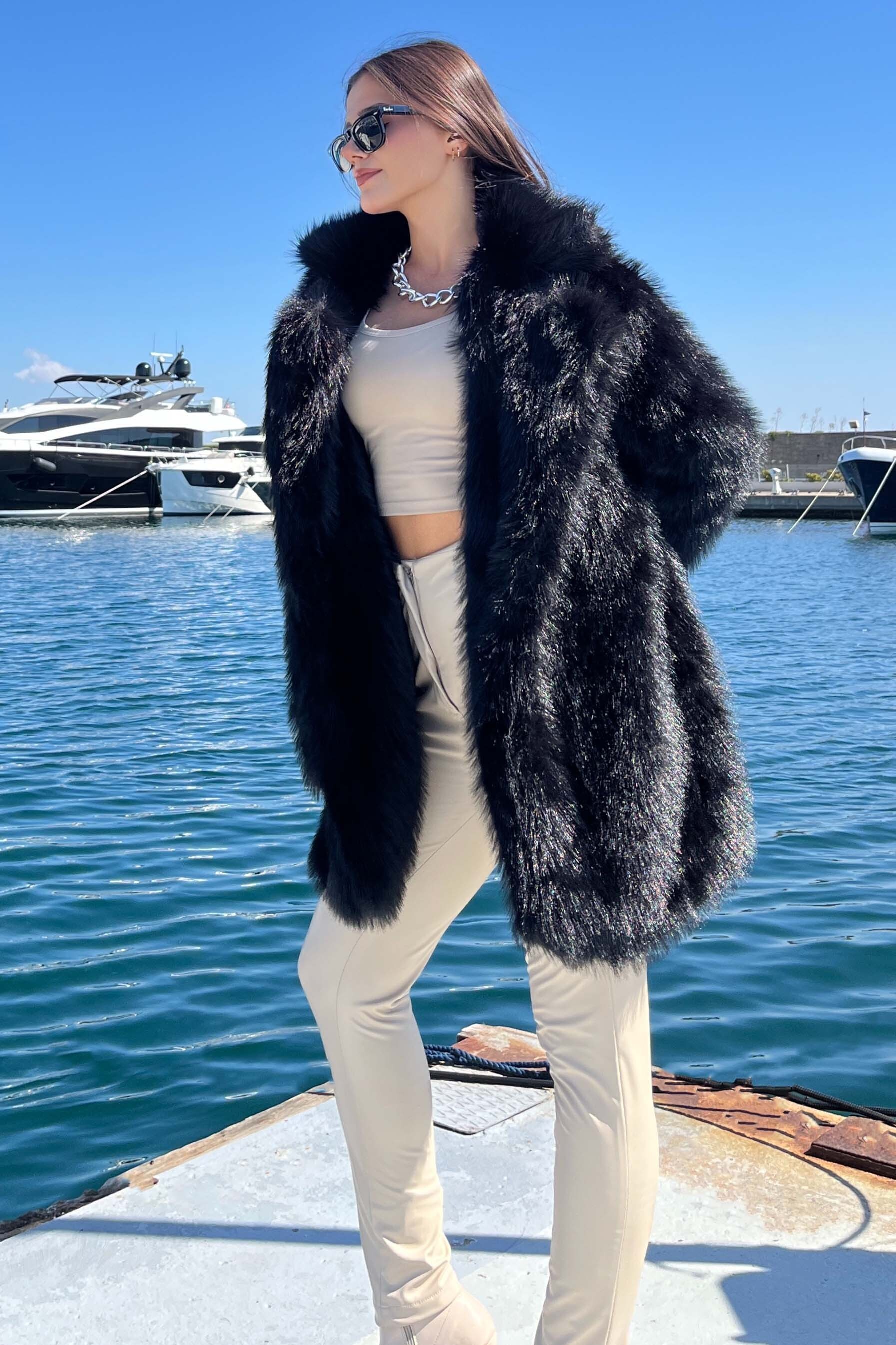 Uzun Lolita Kürk Mont - 27812-SIYAH - 4