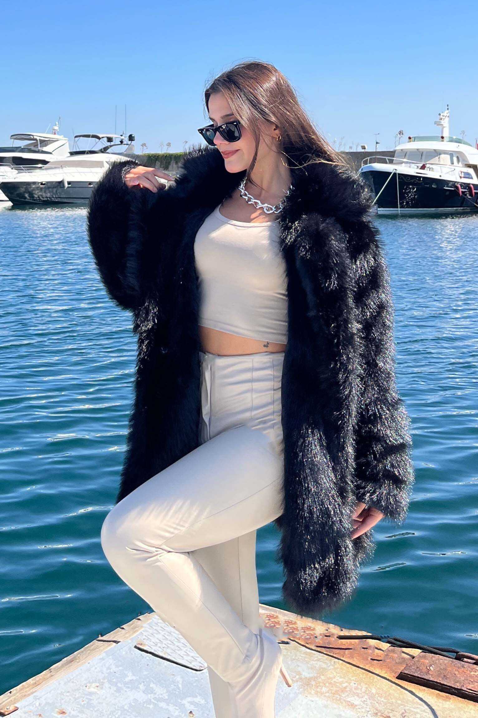 Uzun Lolita Kürk Mont - 27812-SIYAH - 5