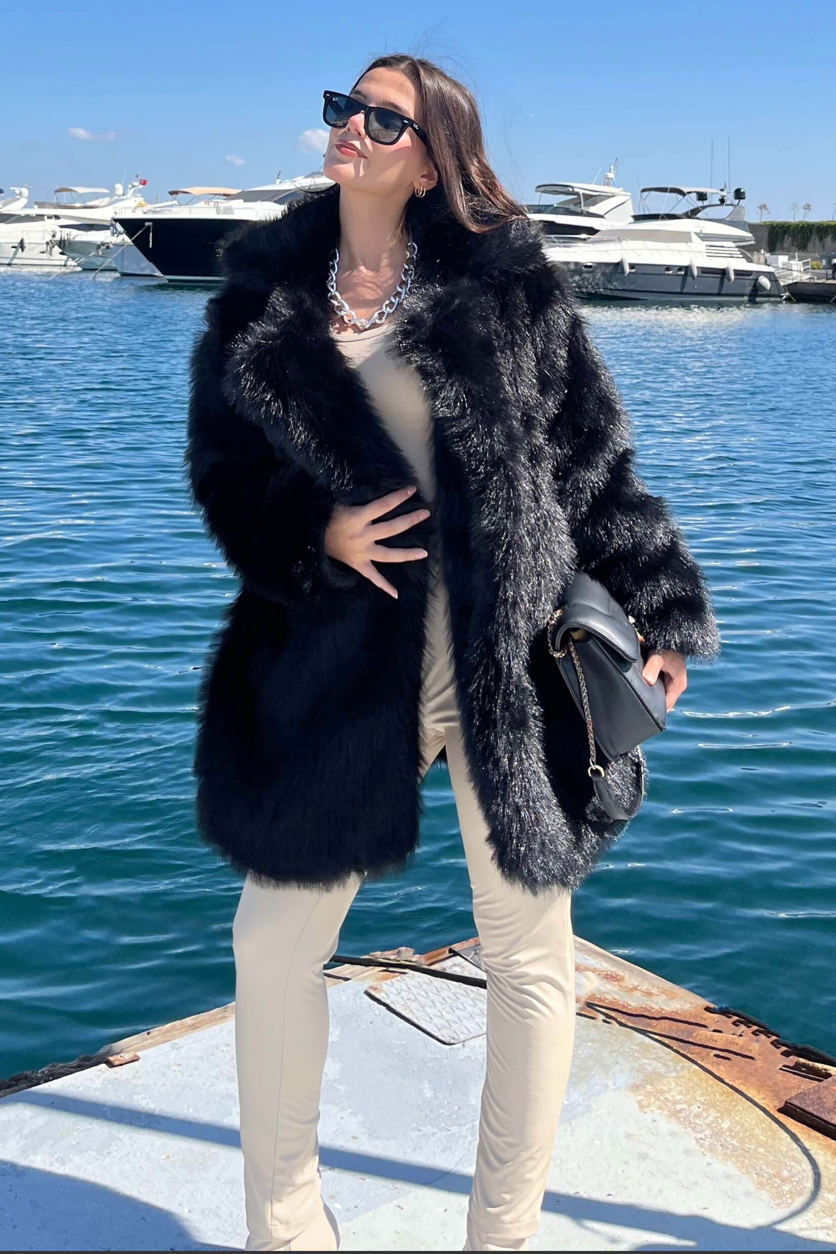 Uzun Lolita Kürk Mont - 27812-SIYAH - 6