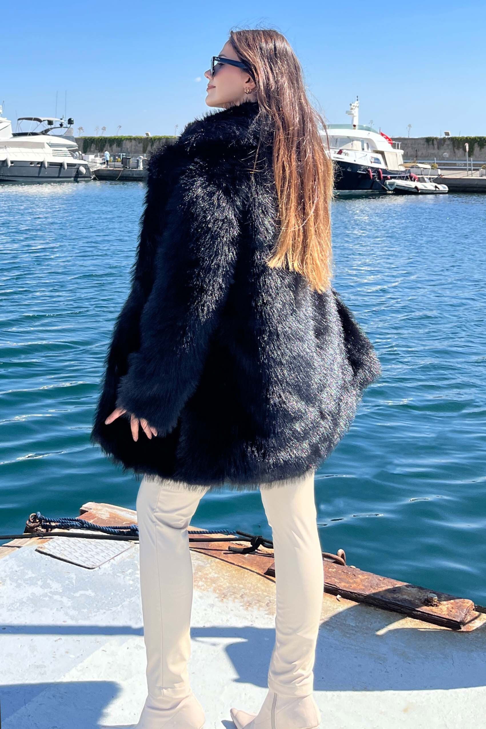 Uzun Lolita Kürk Mont - 27812-SIYAH - 7