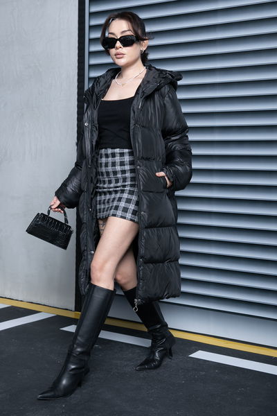 Uzun Şişme Mont Siyah - 26741 