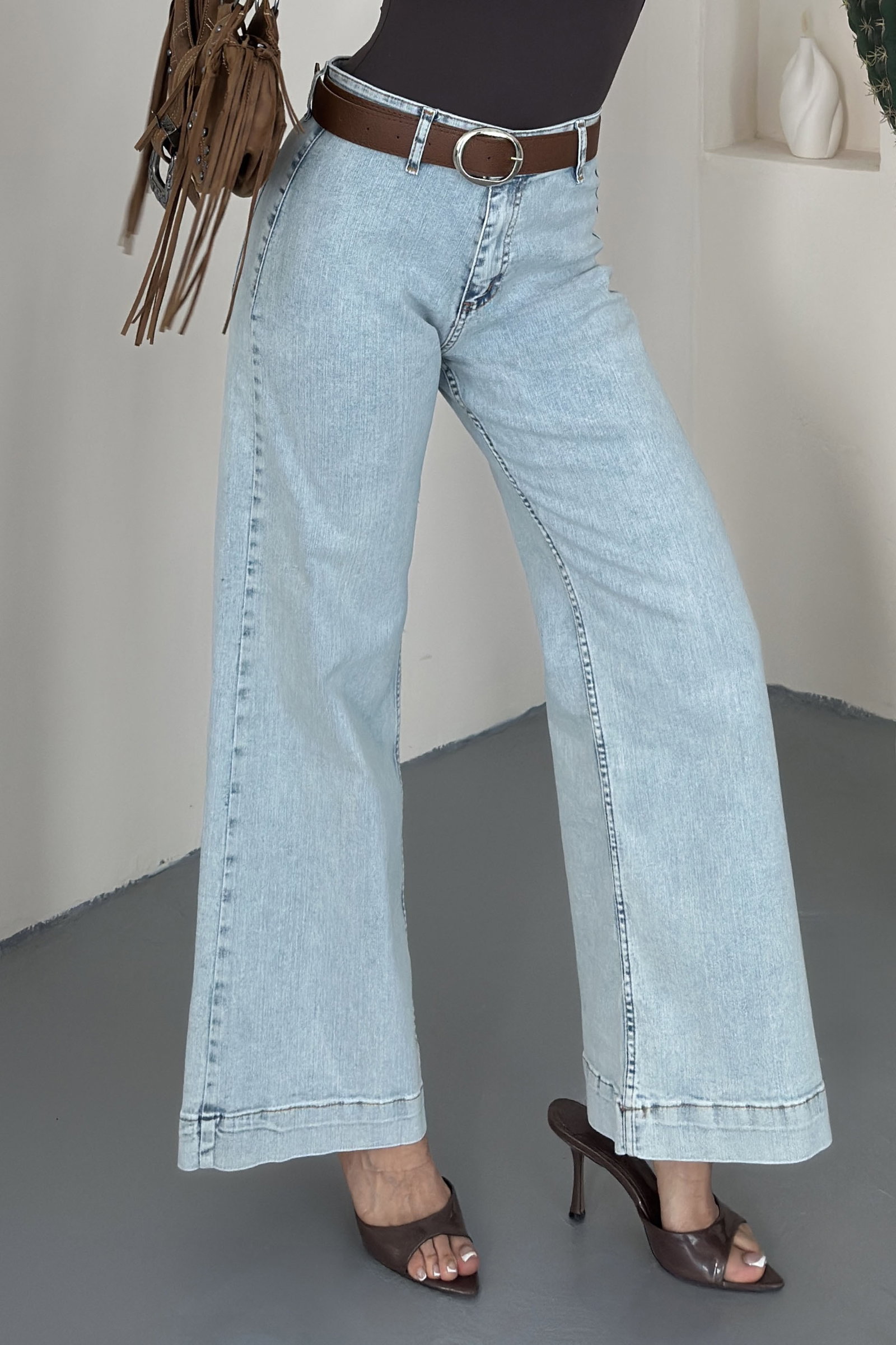 Wide Leg Lycra Kemerli Kot Pantolon Buz Mavi - K3005-BUZ-MAVI - 1