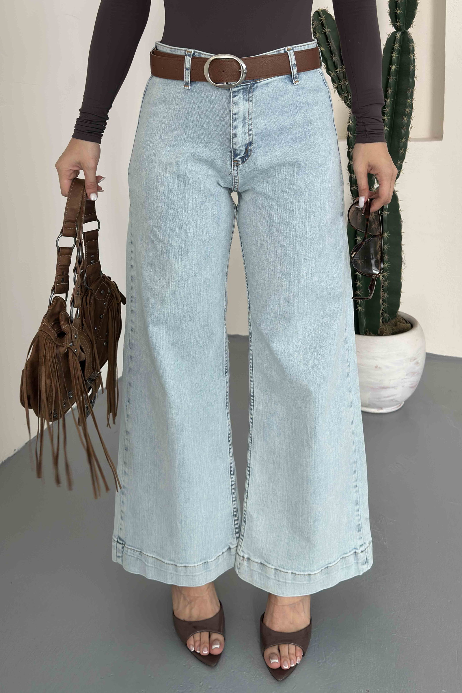 Wide Leg Lycra Kemerli Kot Pantolon Buz Mavi - K3005-BUZ-MAVI - 3
