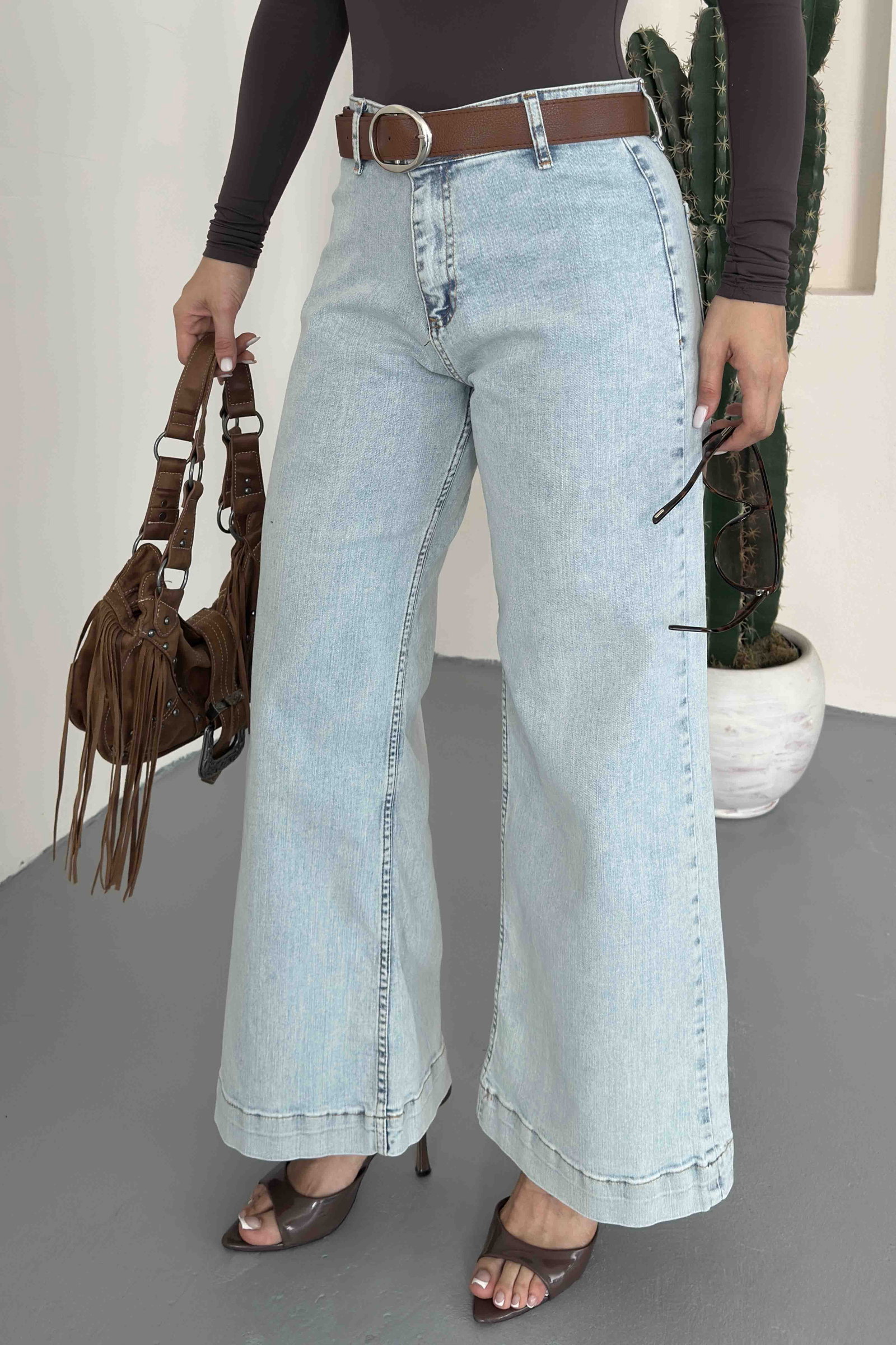 Wide Leg Lycra Kemerli Kot Pantolon Buz Mavi - K3005-BUZ-MAVI - 5