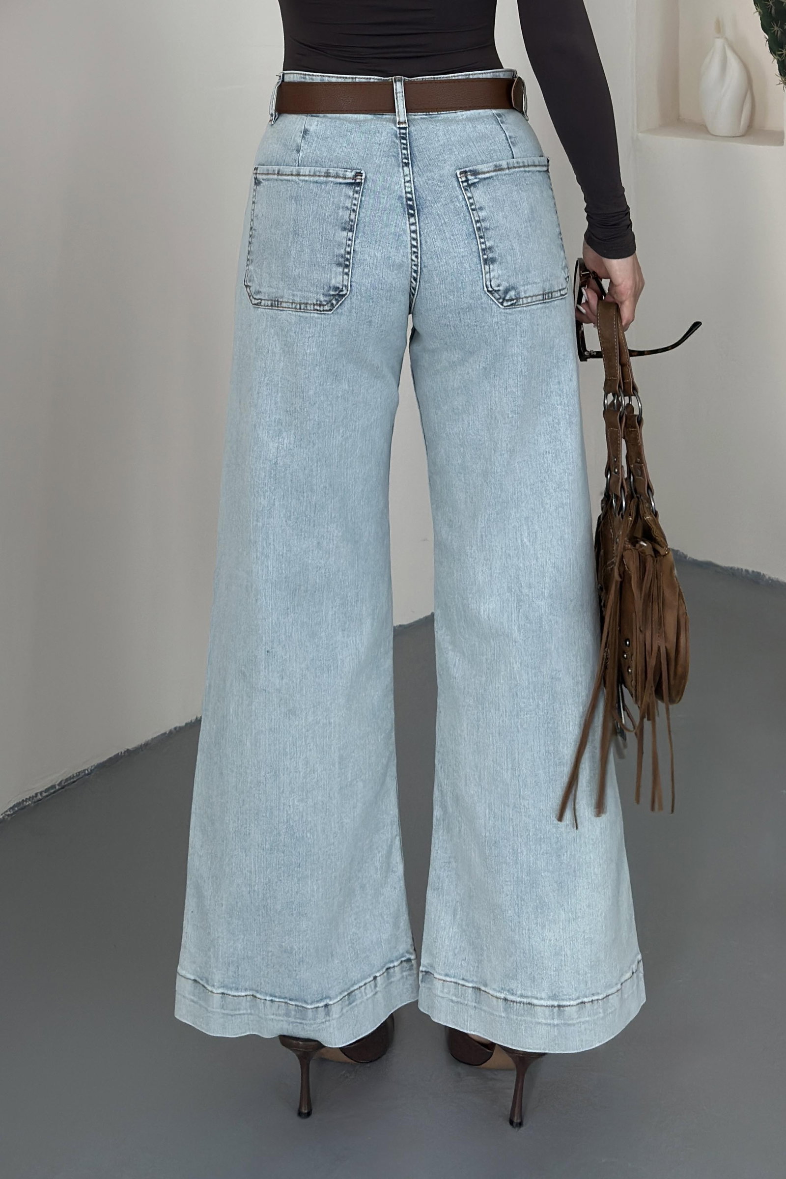 Wide Leg Lycra Kemerli Kot Pantolon Buz Mavi - K3005-BUZ-MAVI - 4