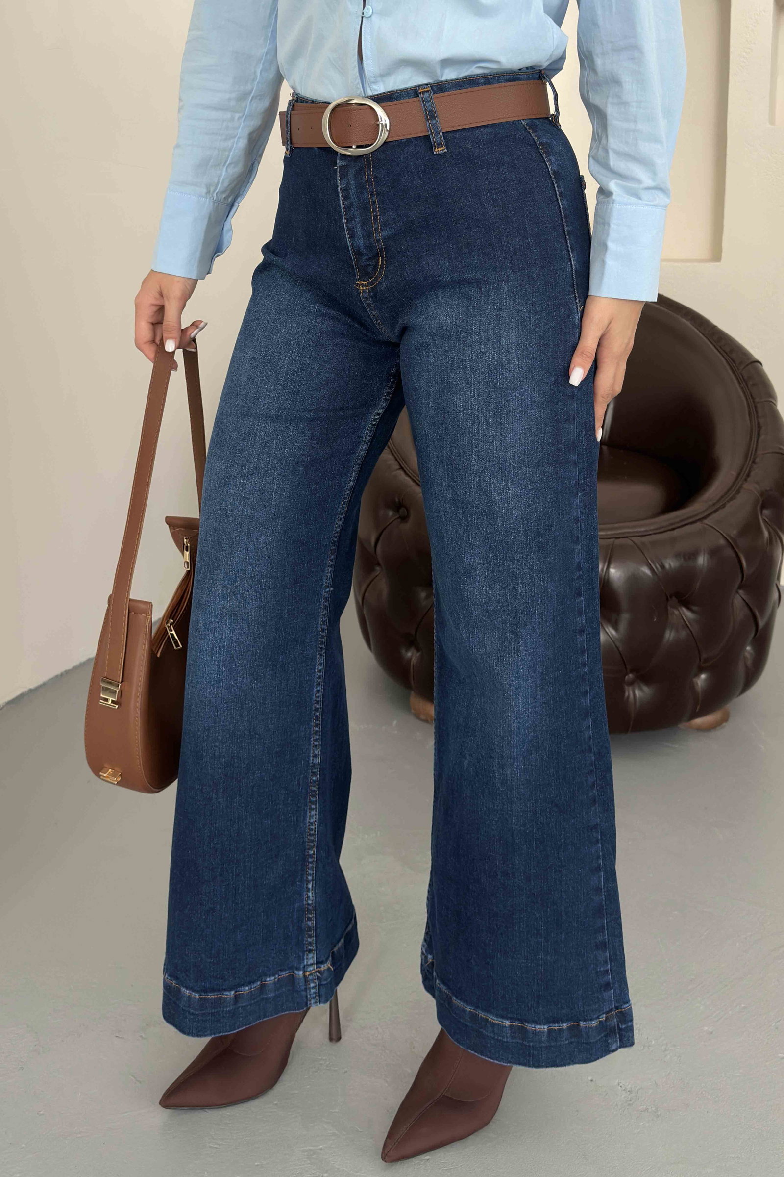 Wide Leg Lycra Kemerli Kot Pantolon Koyu Mavi - K3005-KOYU-MAVI - 4