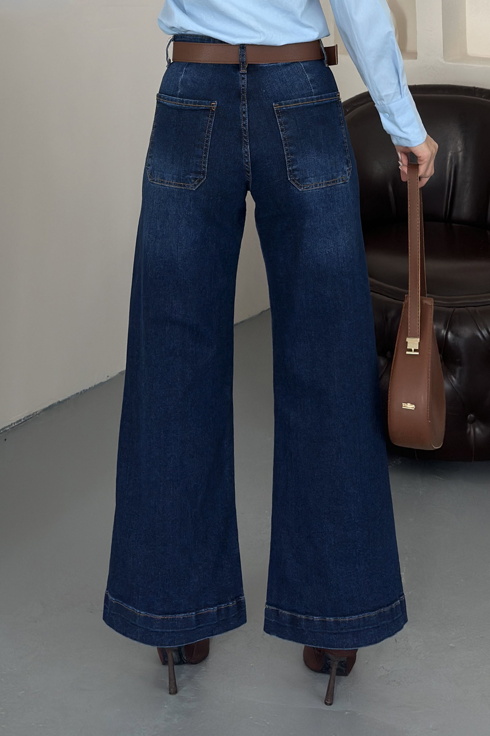 Wide Leg Lycra Kemerli Kot Pantolon Koyu Mavi - K3005-KOYU-MAVI - 5