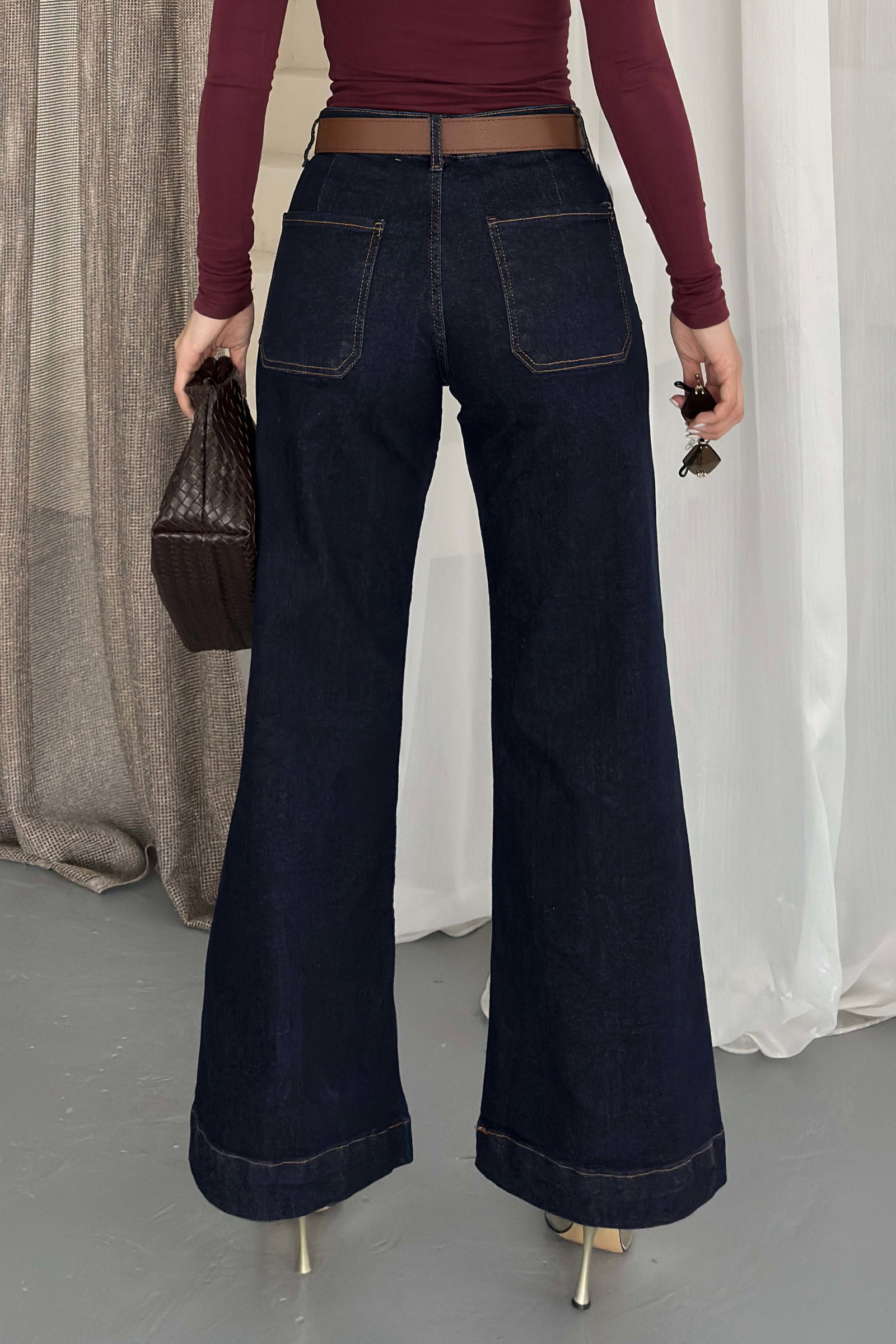 Wide Leg Lycra Kemerli Kot Pantolon Lacivert - K3005-LACIVERT - 4