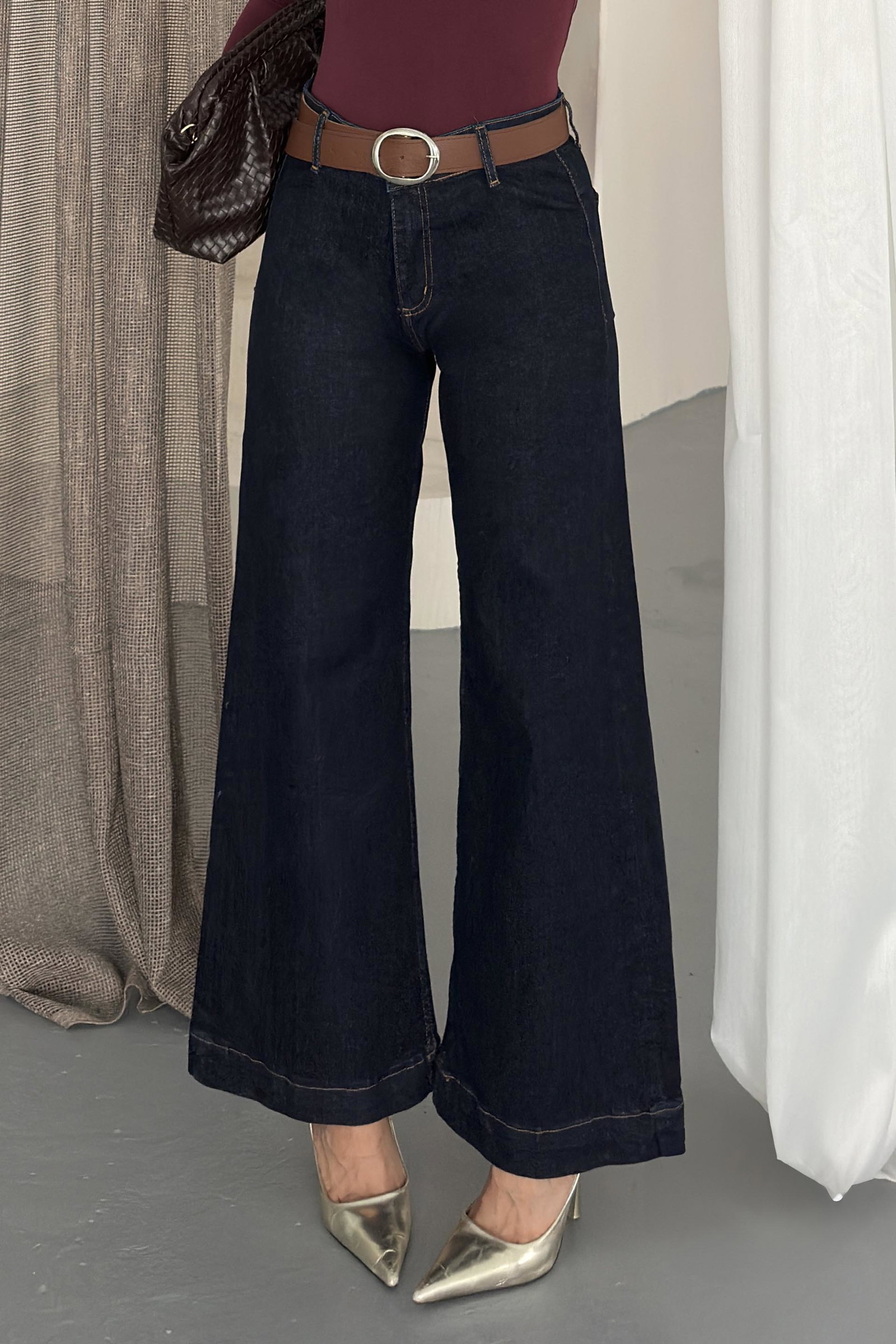 Wide Leg Lycra Kemerli Kot Pantolon Lacivert - K3005-LACIVERT - 2