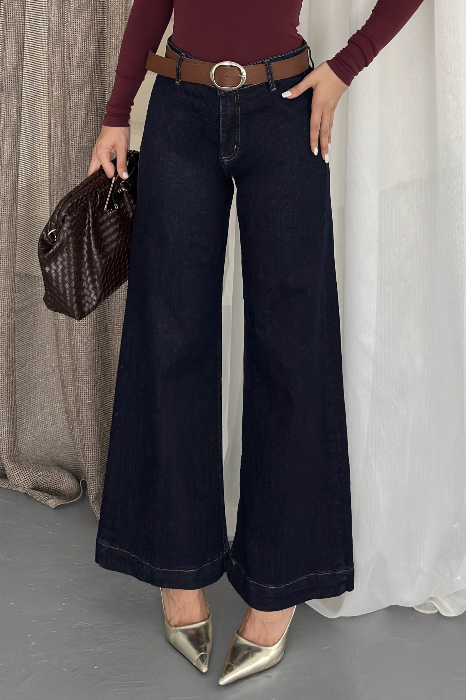 Wide Leg Lycra Kemerli Kot Pantolon Lacivert - K3005-LACIVERT - 3