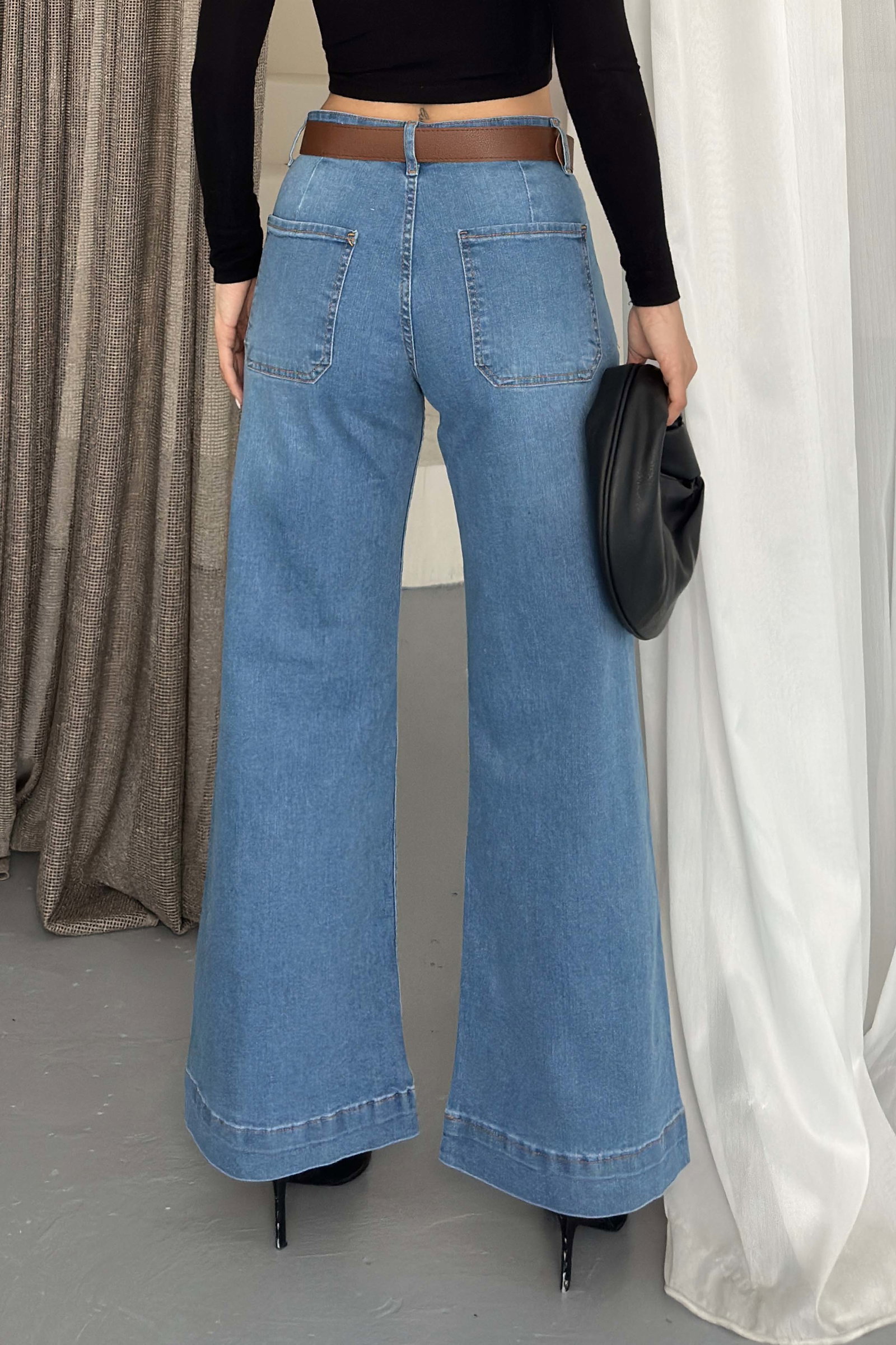 Wide Leg Lycra Kemerli Kot Pantolon Mavi - K3005-MAVI - 5