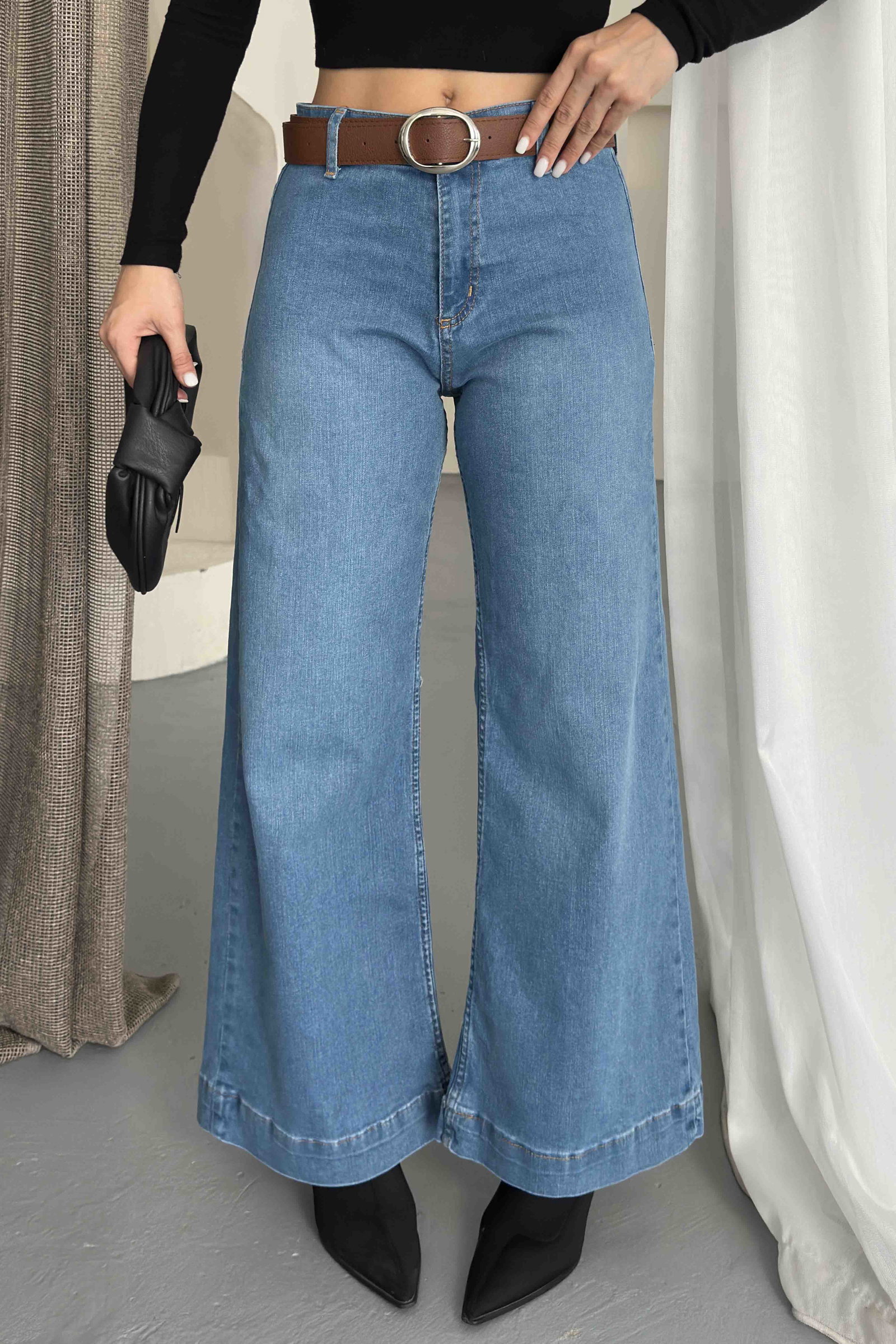 Wide Leg Lycra Kemerli Kot Pantolon Mavi - K3005-MAVI - 4