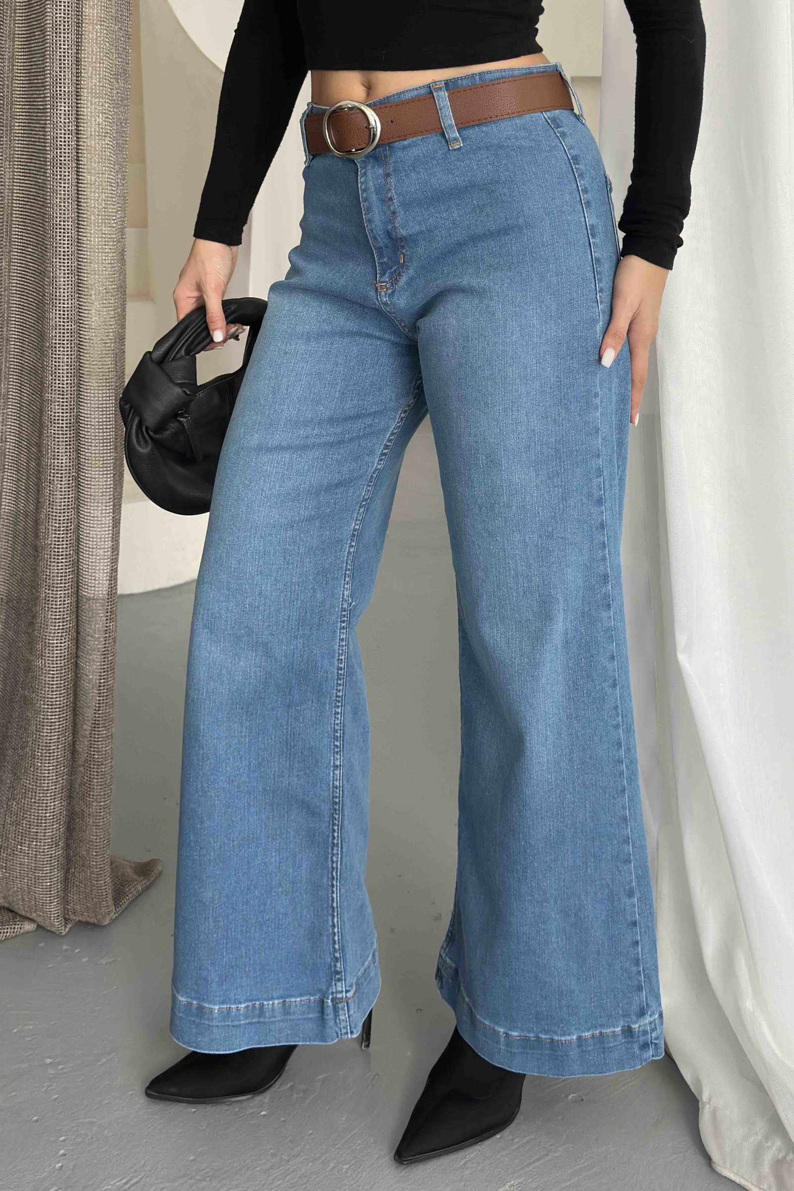 Wide Leg Lycra Kemerli Kot Pantolon Mavi - K3005-MAVI - 3