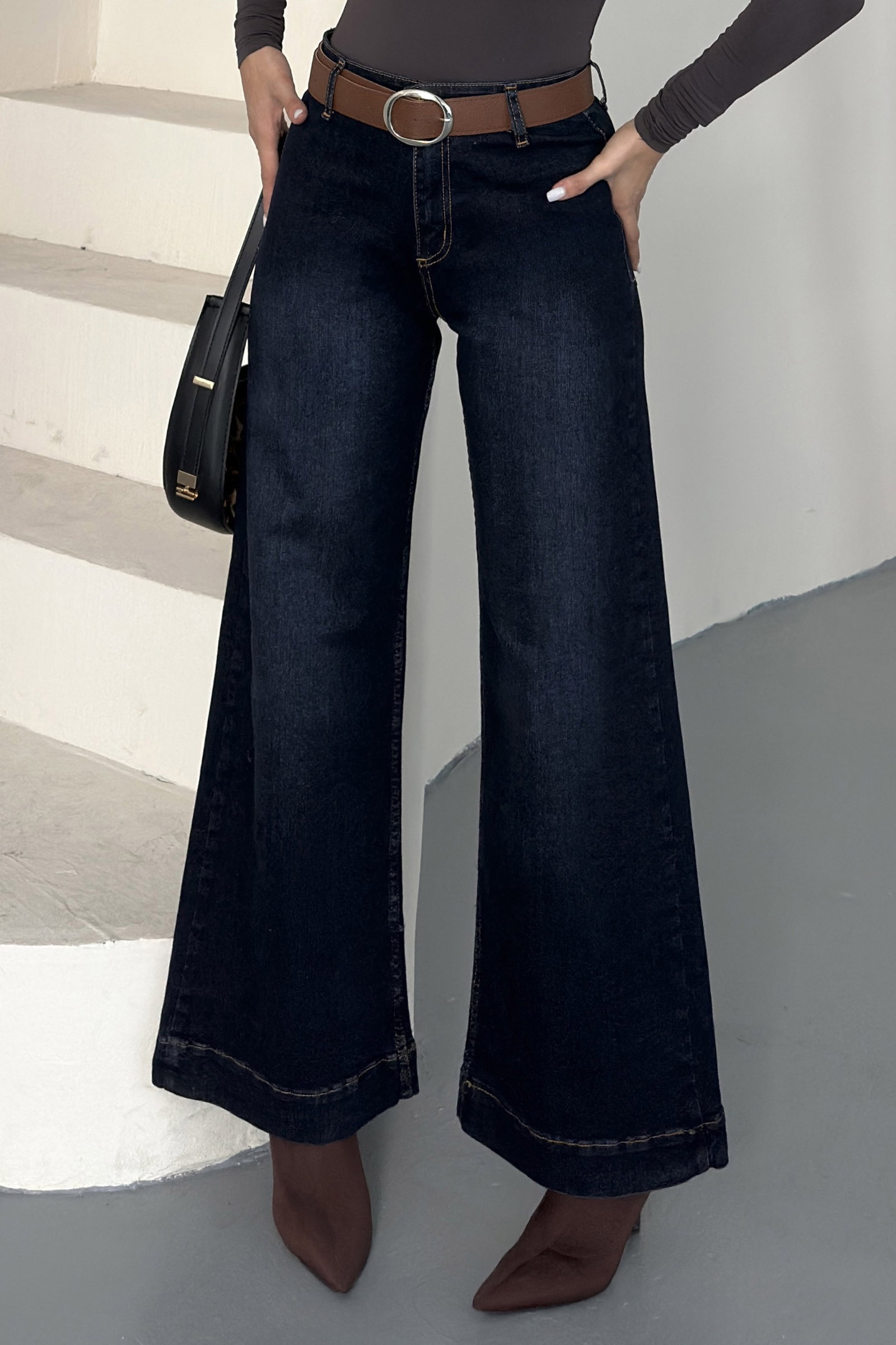 Wide Leg Lycra Kemerli Kot Pantolon Tint-kahve - K3005-TINT-KAHVE - 3