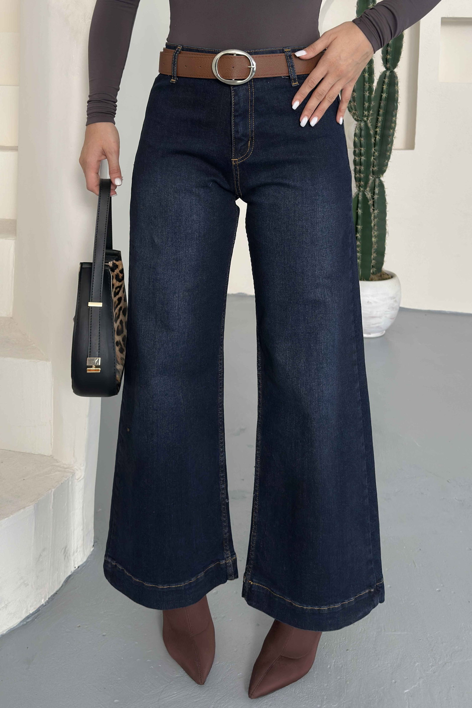 Wide Leg Lycra Kemerli Kot Pantolon Tint-kahve - K3005-TINT-KAHVE - 4