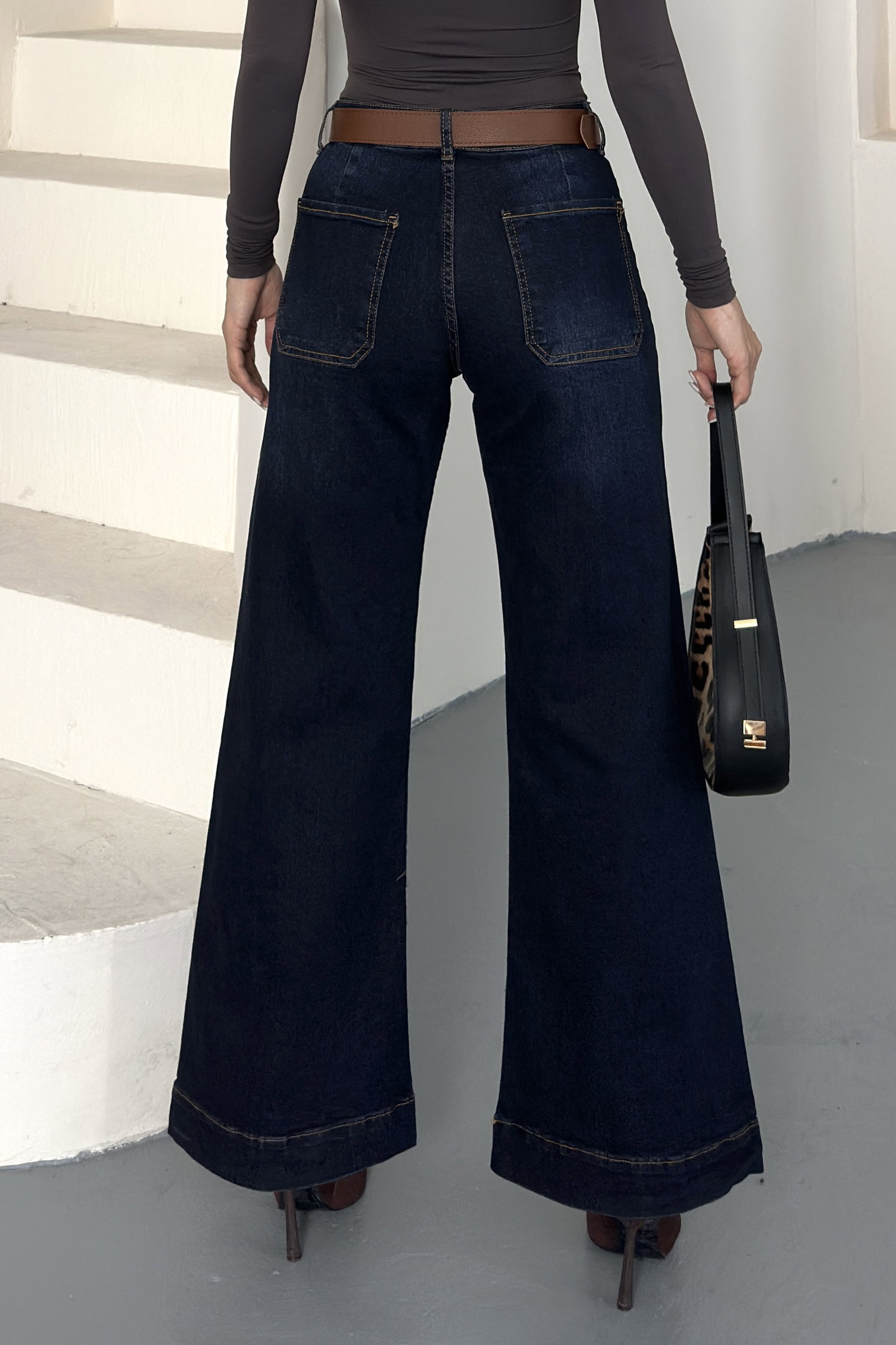 Wide Leg Lycra Kemerli Kot Pantolon Tint-kahve - K3005-TINT-KAHVE - 5