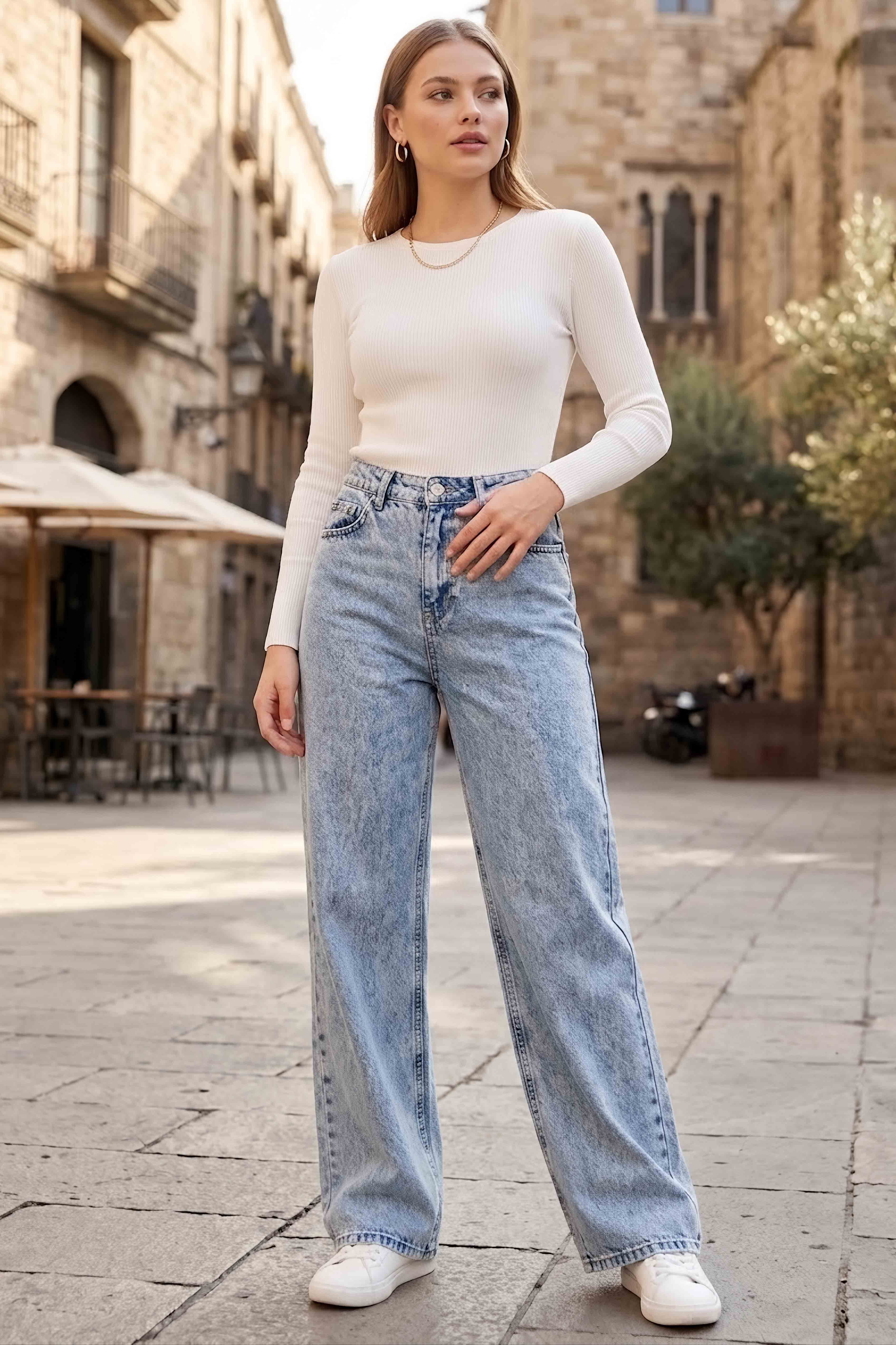 Wide Leg Palazzo Kot Pantolon Buz Mavi - 3003-BUZ-MAVI - 1