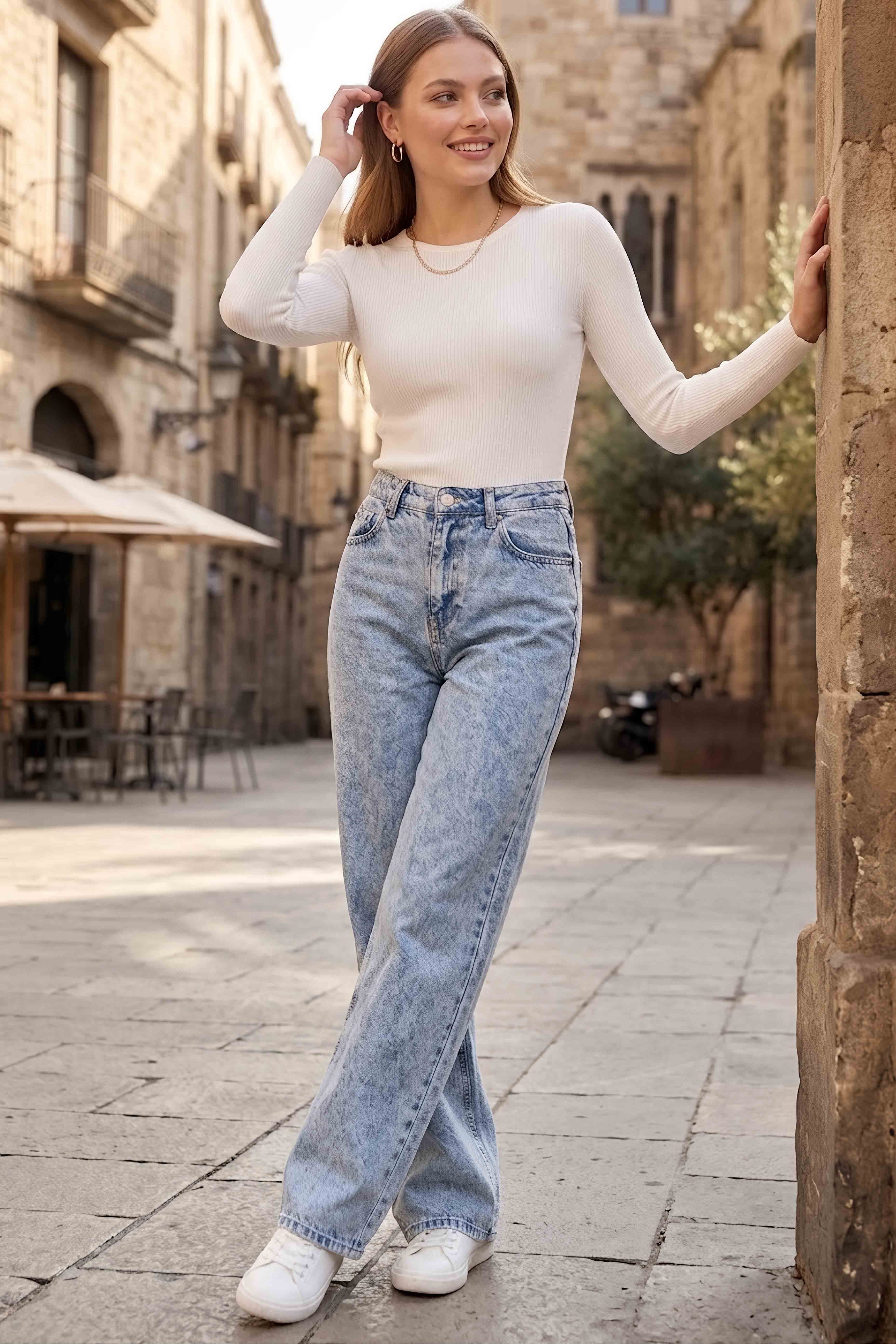 Wide Leg Palazzo Kot Pantolon Buz Mavi - 3003-BUZ-MAVI - 2