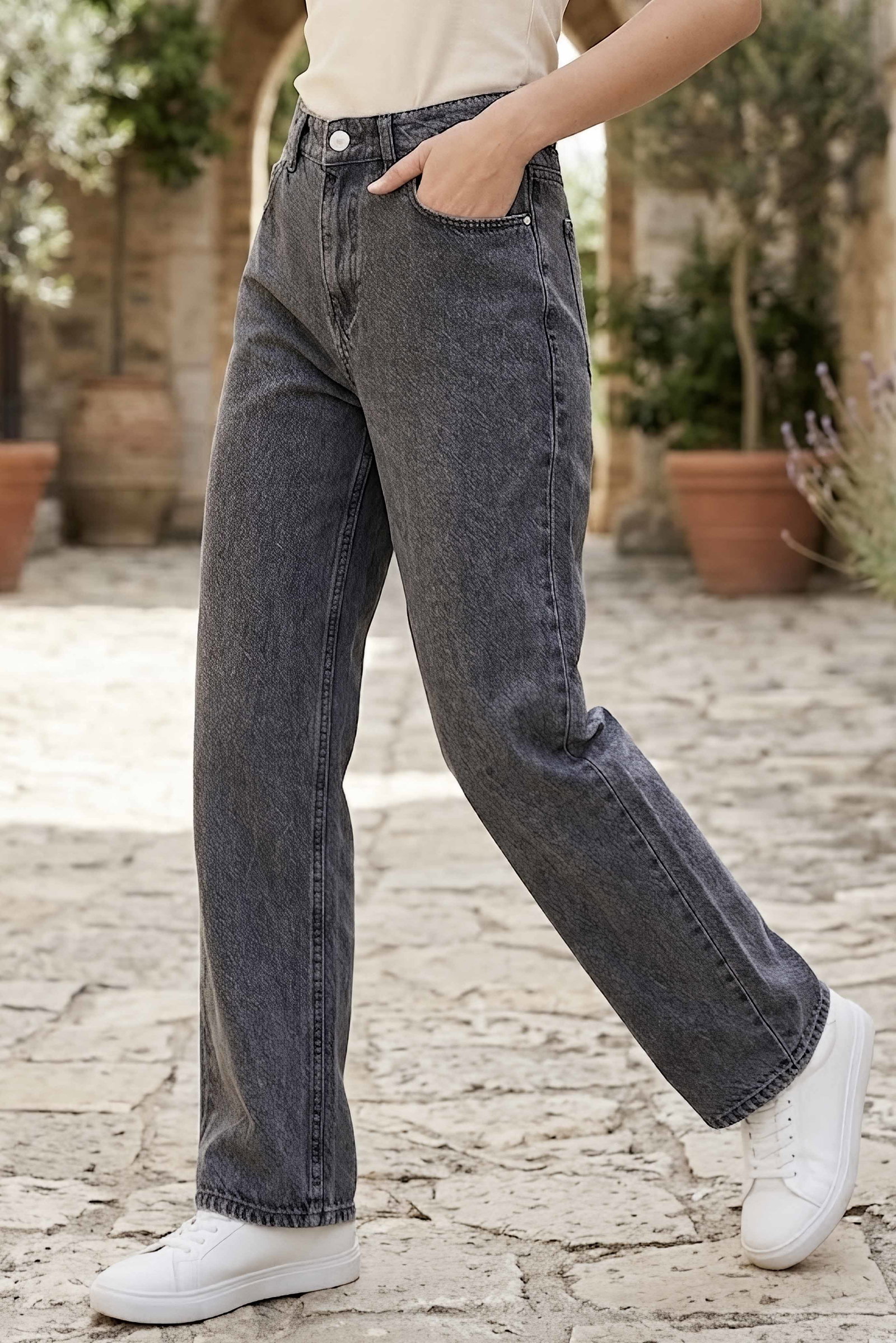 Wide Leg Palazzo Kot Pantolon Gri - 3003-GRI - 1
