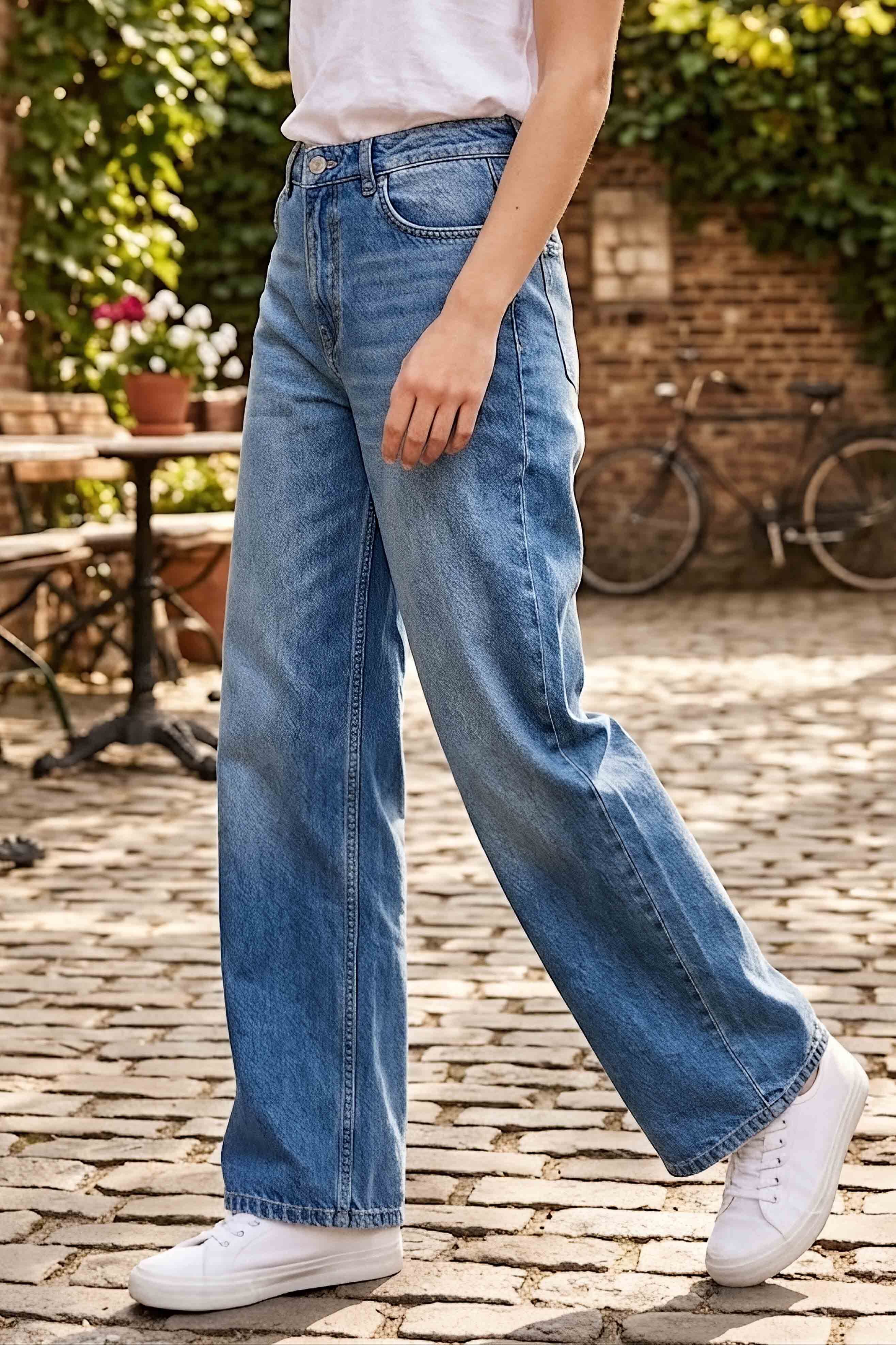 Wide Leg Palazzo Kot Pantolon Mavi - 3003-MAVI - 2