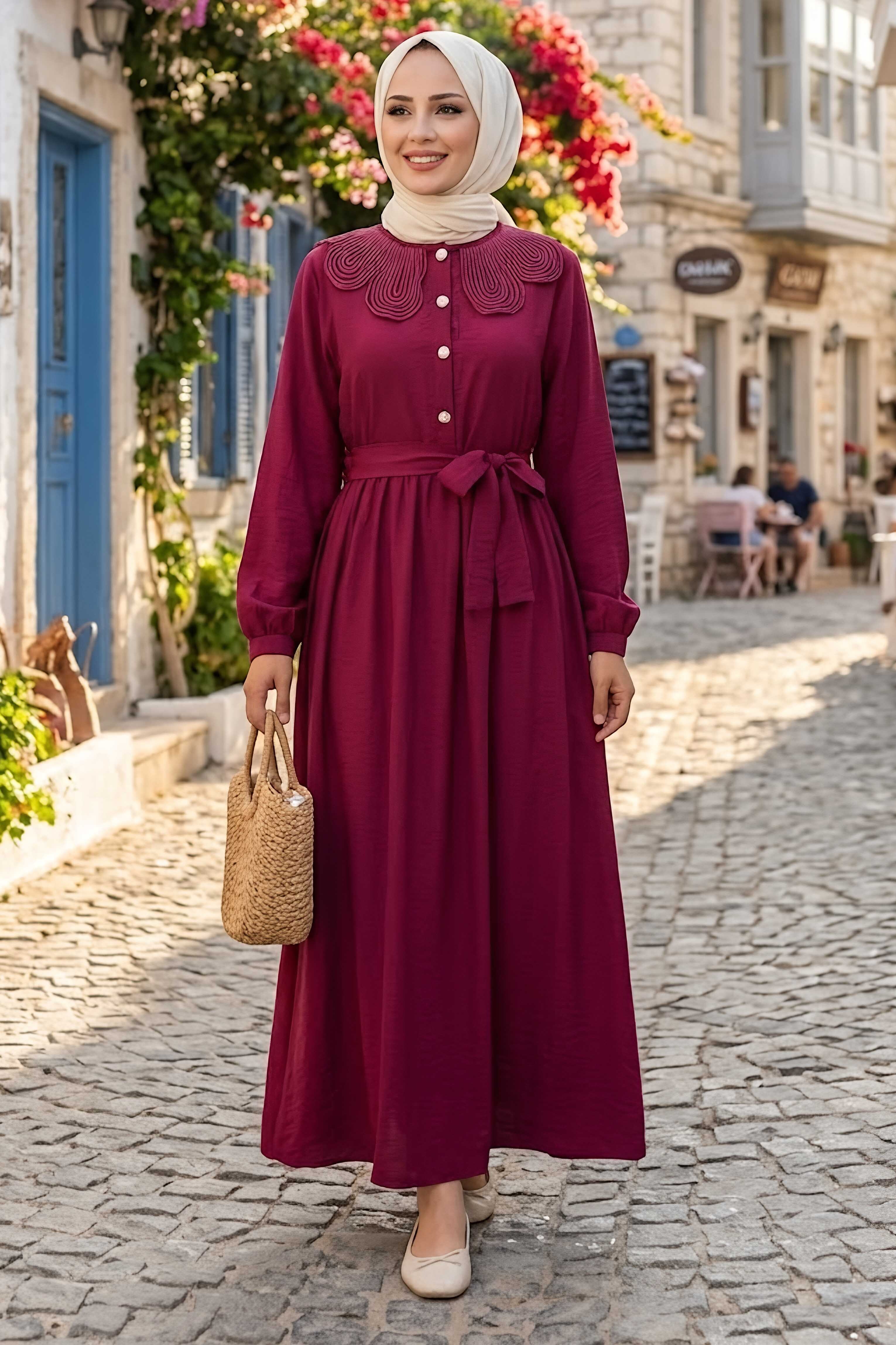 Yaka Dantel Detaylı Elbise Bordo - 28568-BORDO - 1