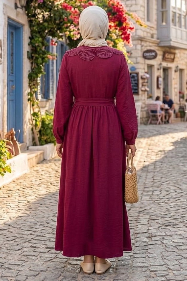 Yaka Dantel Detaylı Elbise Bordo - 28568-BORDO - 3