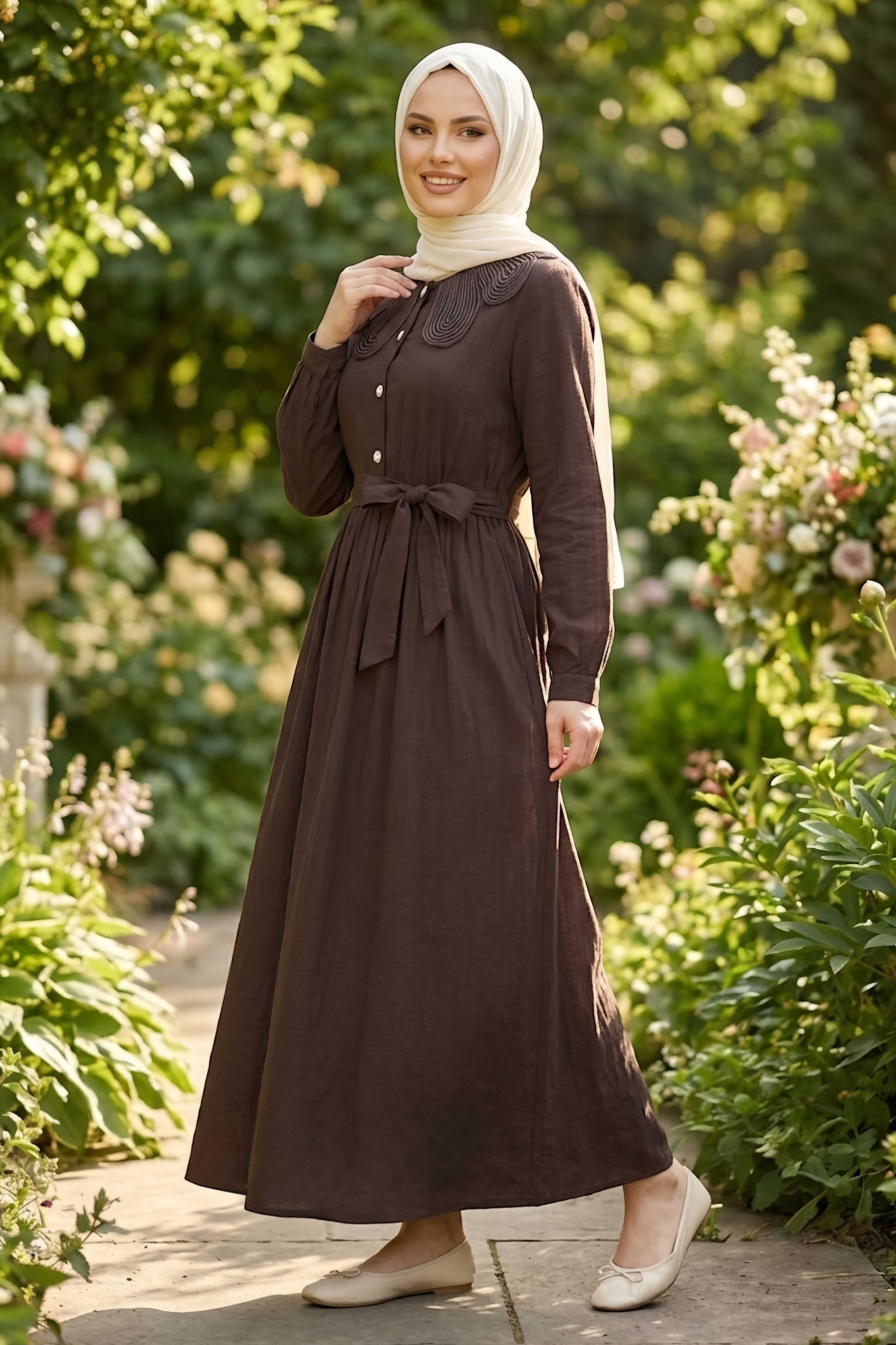 Yaka Dantel Detaylı Elbise Kahve - 28568-KAHVE - 1