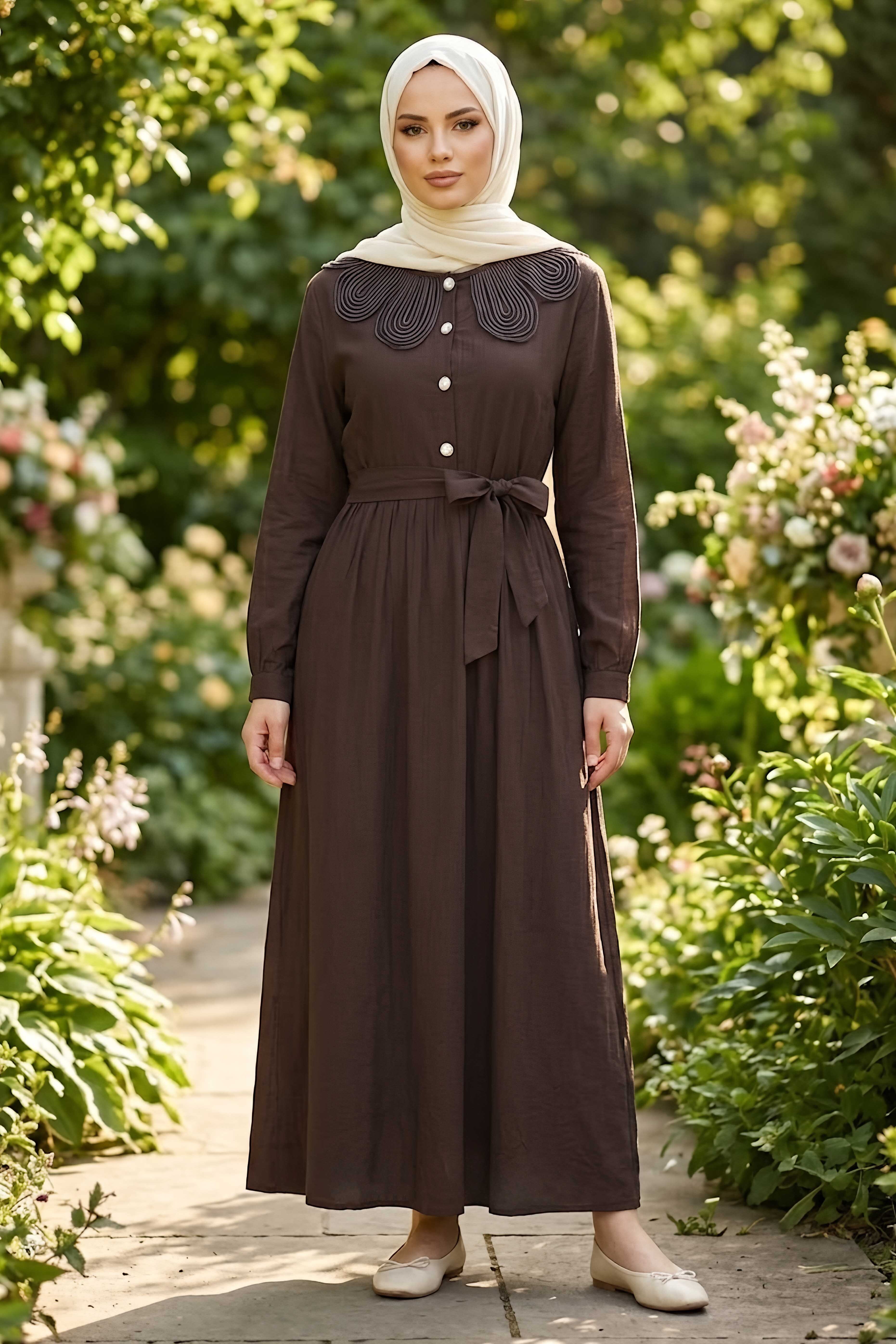 Yaka Dantel Detaylı Elbise Kahve - 28568-KAHVE - 2