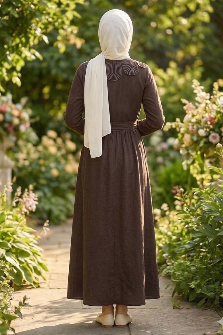 Yaka Dantel Detaylı Elbise Kahve - 28568-KAHVE - 3