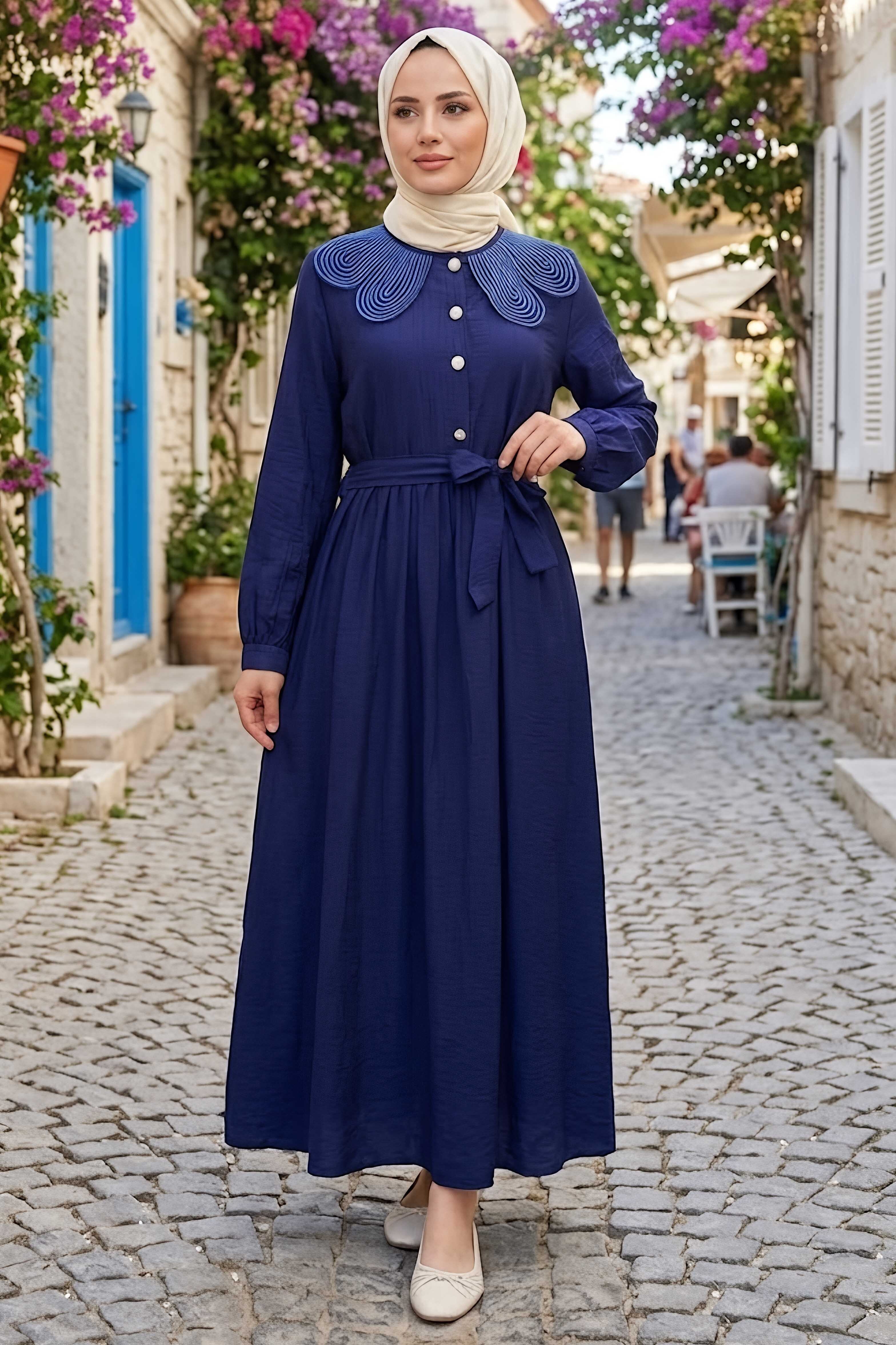 Yaka Dantel Detaylı Elbise Lacivert - 28568-LACIVERT - 1