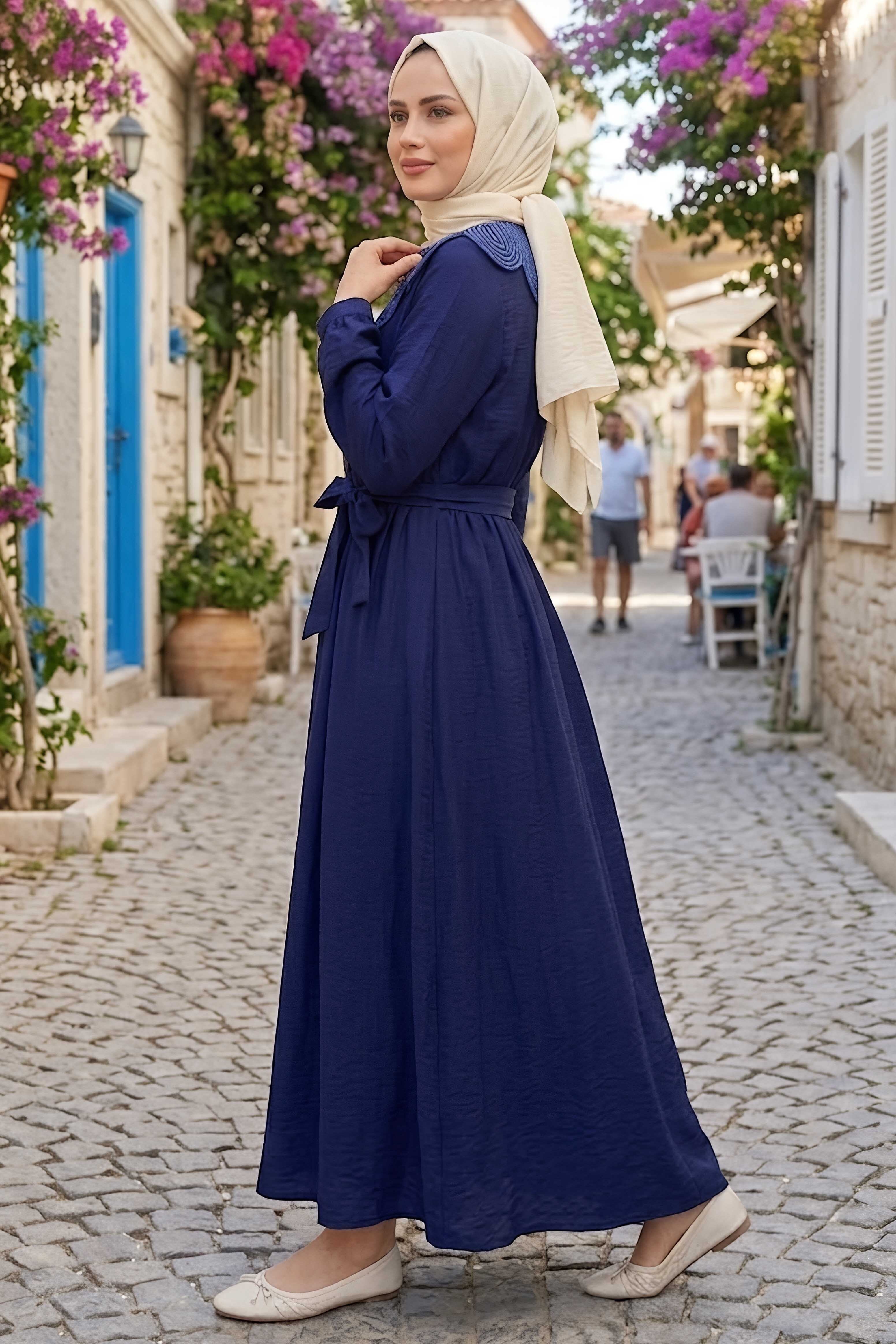 Yaka Dantel Detaylı Elbise Lacivert - 28568-LACIVERT - 2