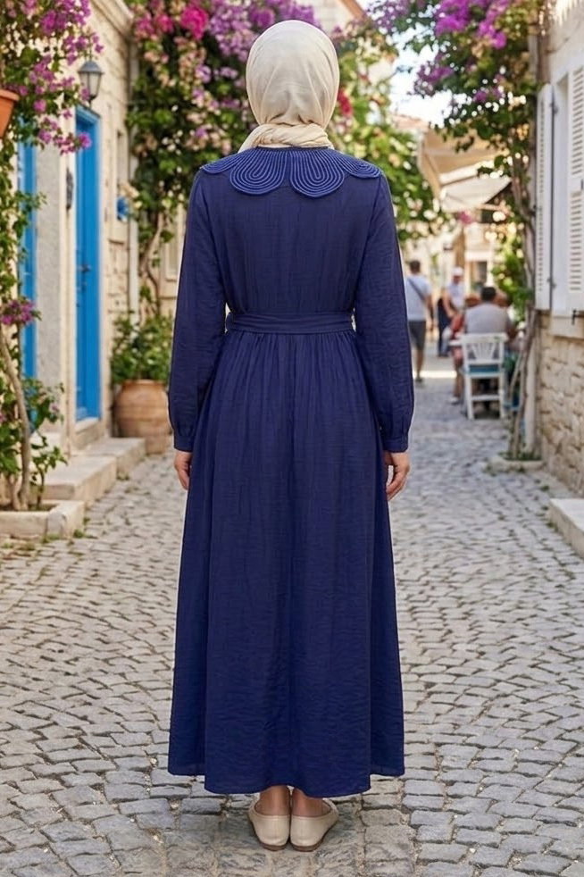 Yaka Dantel Detaylı Elbise Lacivert - 28568-LACIVERT - 3