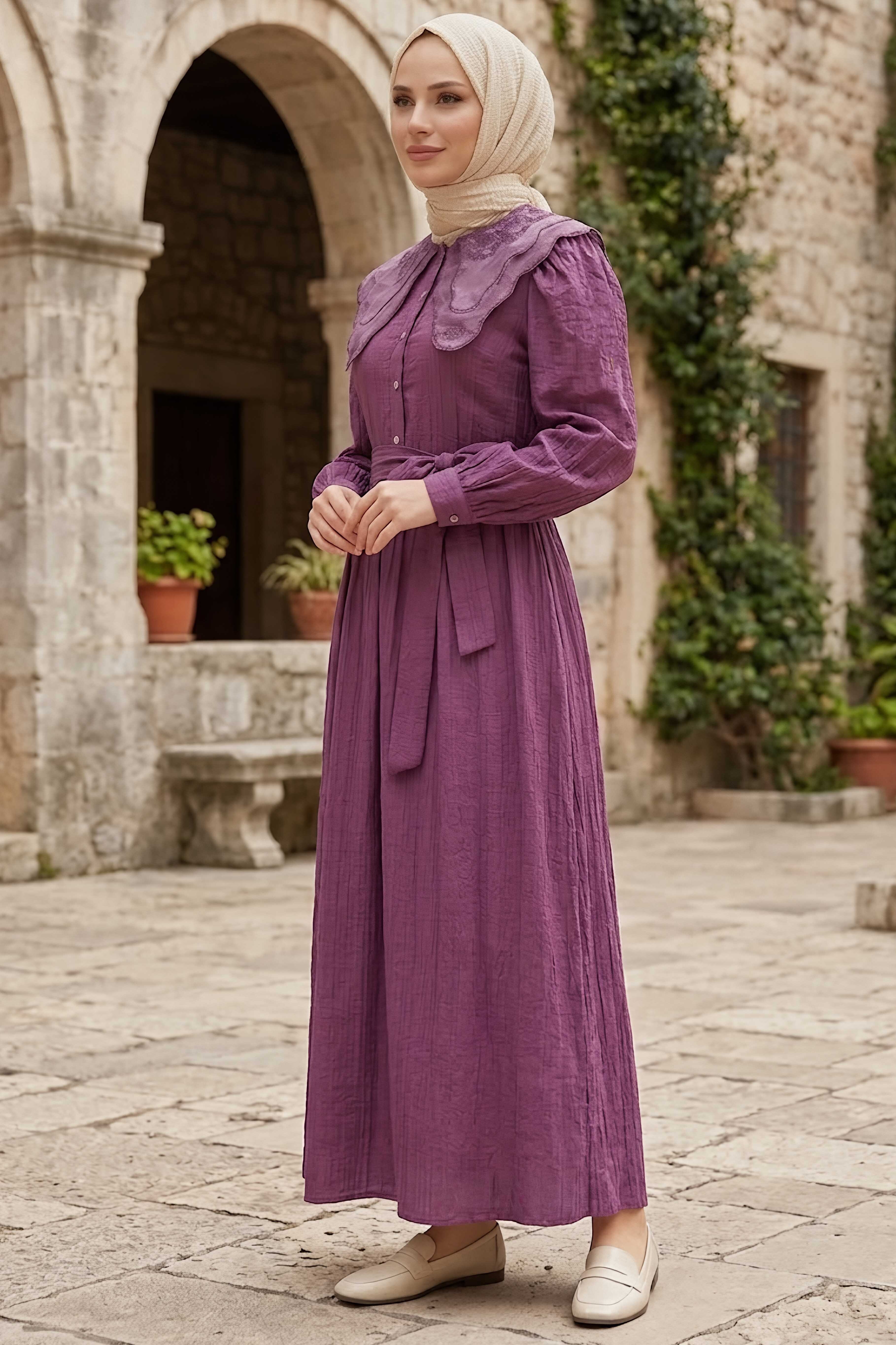 Yaka Dantel Detaylı Elbise Mor - 28508-MOR - 2