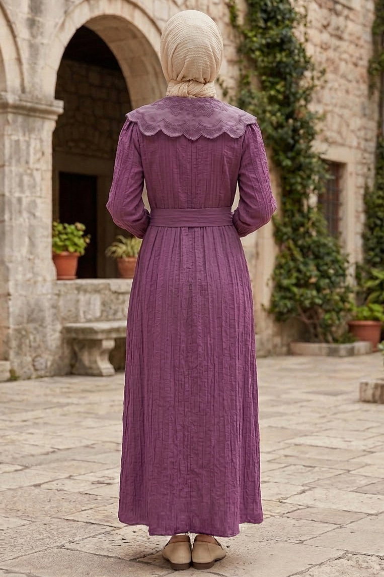 Yaka Dantel Detaylı Elbise Mor - 28508-MOR - 3