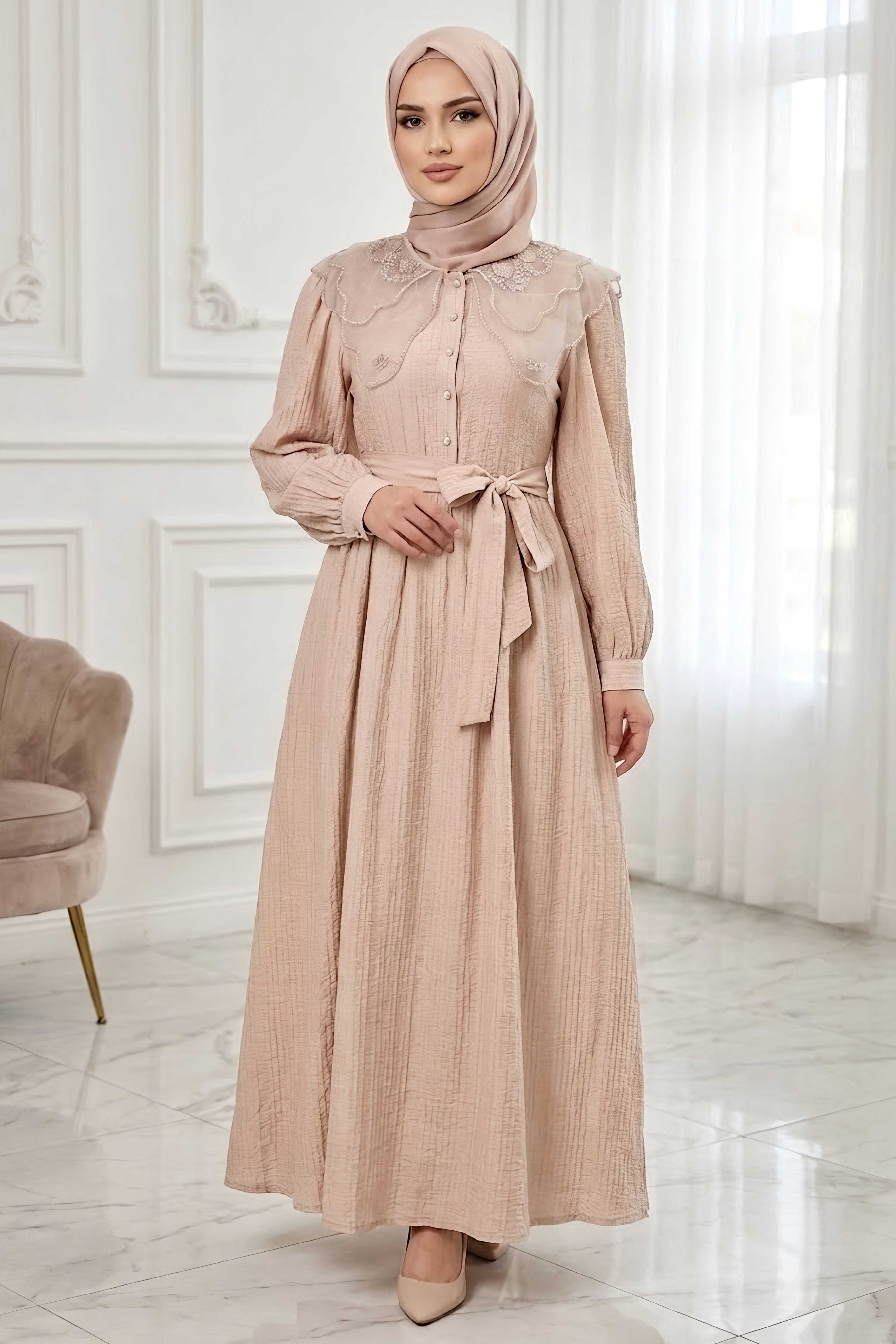 Yaka Dantel Detaylı Elbise Taş - 28508-TAS - 1