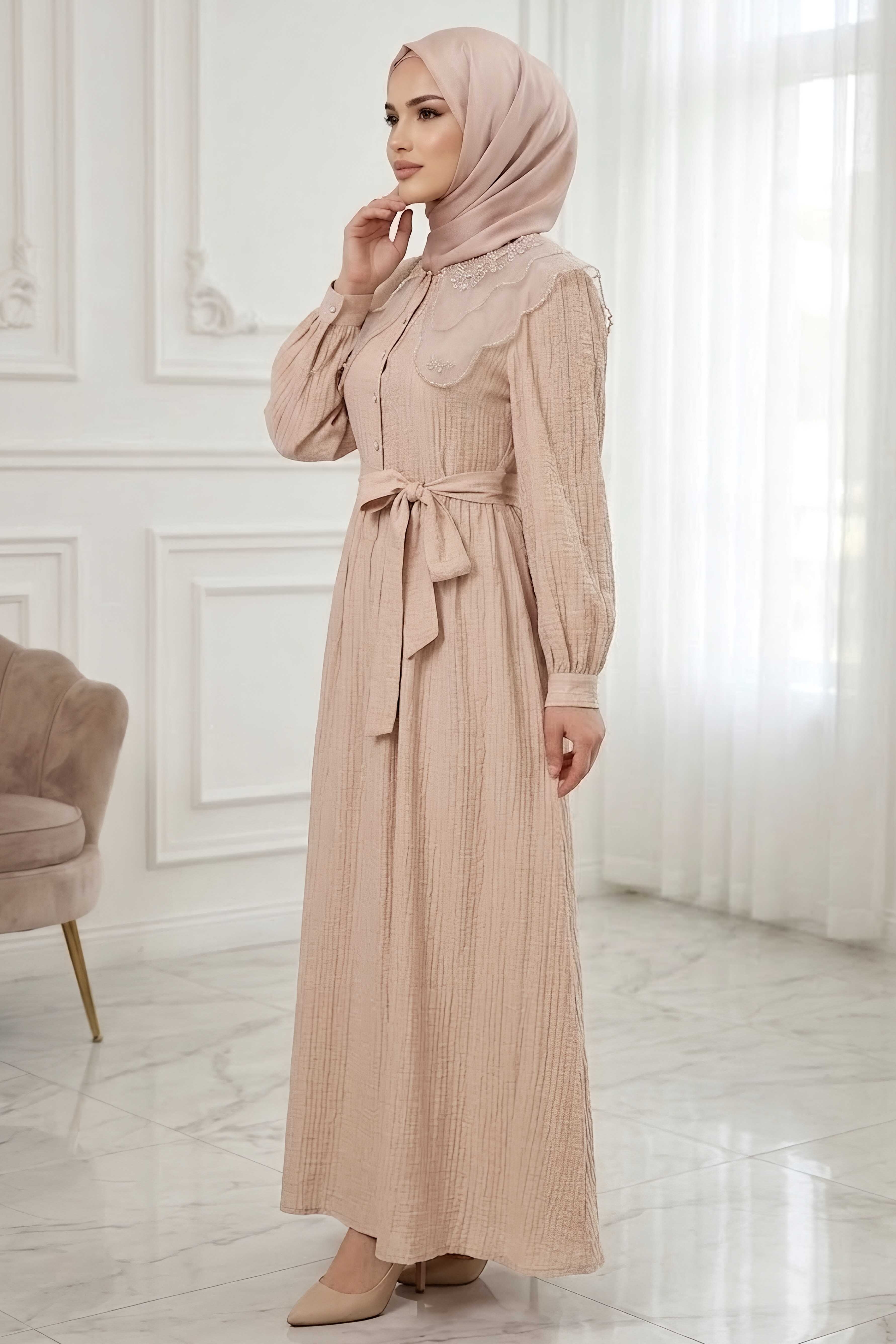 Yaka Dantel Detaylı Elbise Taş - 28508-TAS - 2
