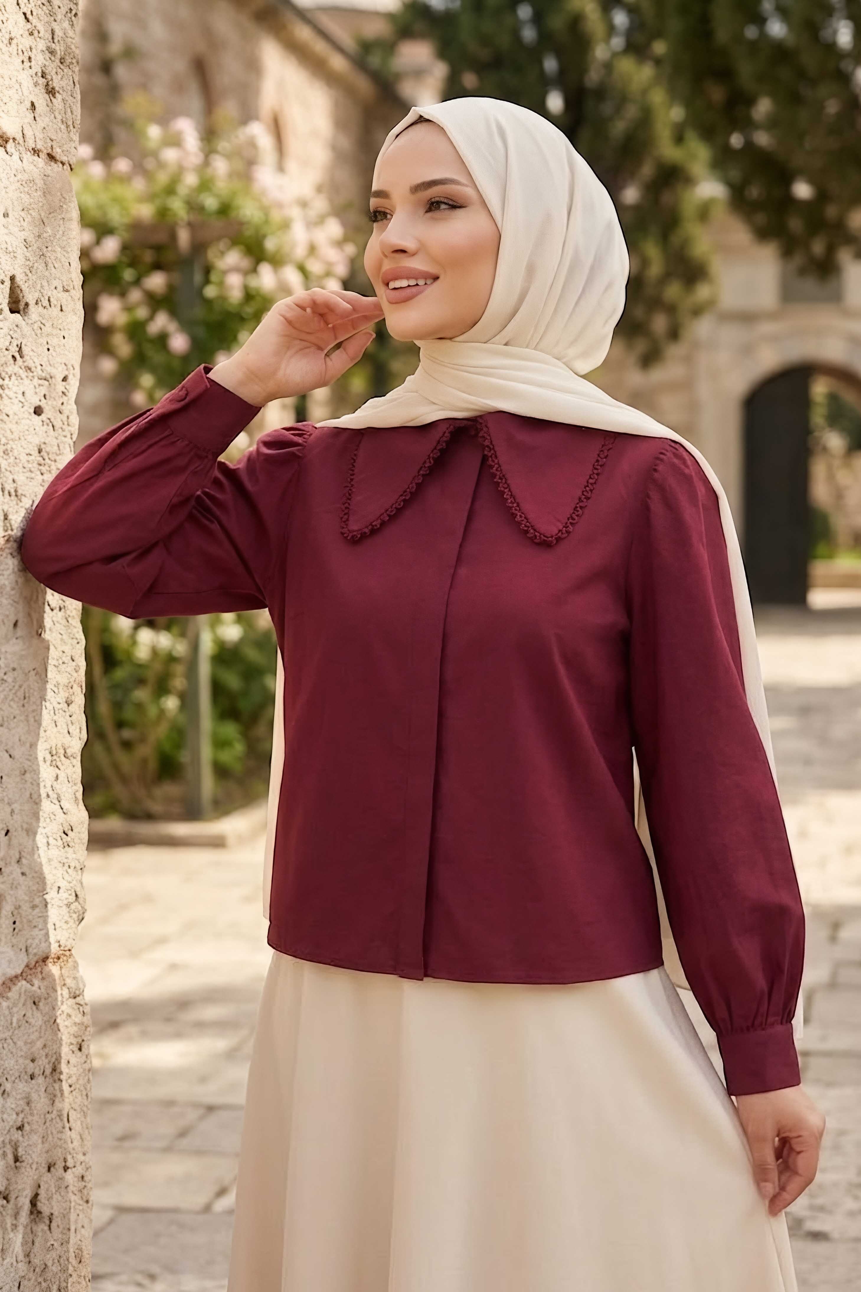Yaka Dantel Detaylı Kısa Gömlek Bordo - 28660-BORDO - 1
