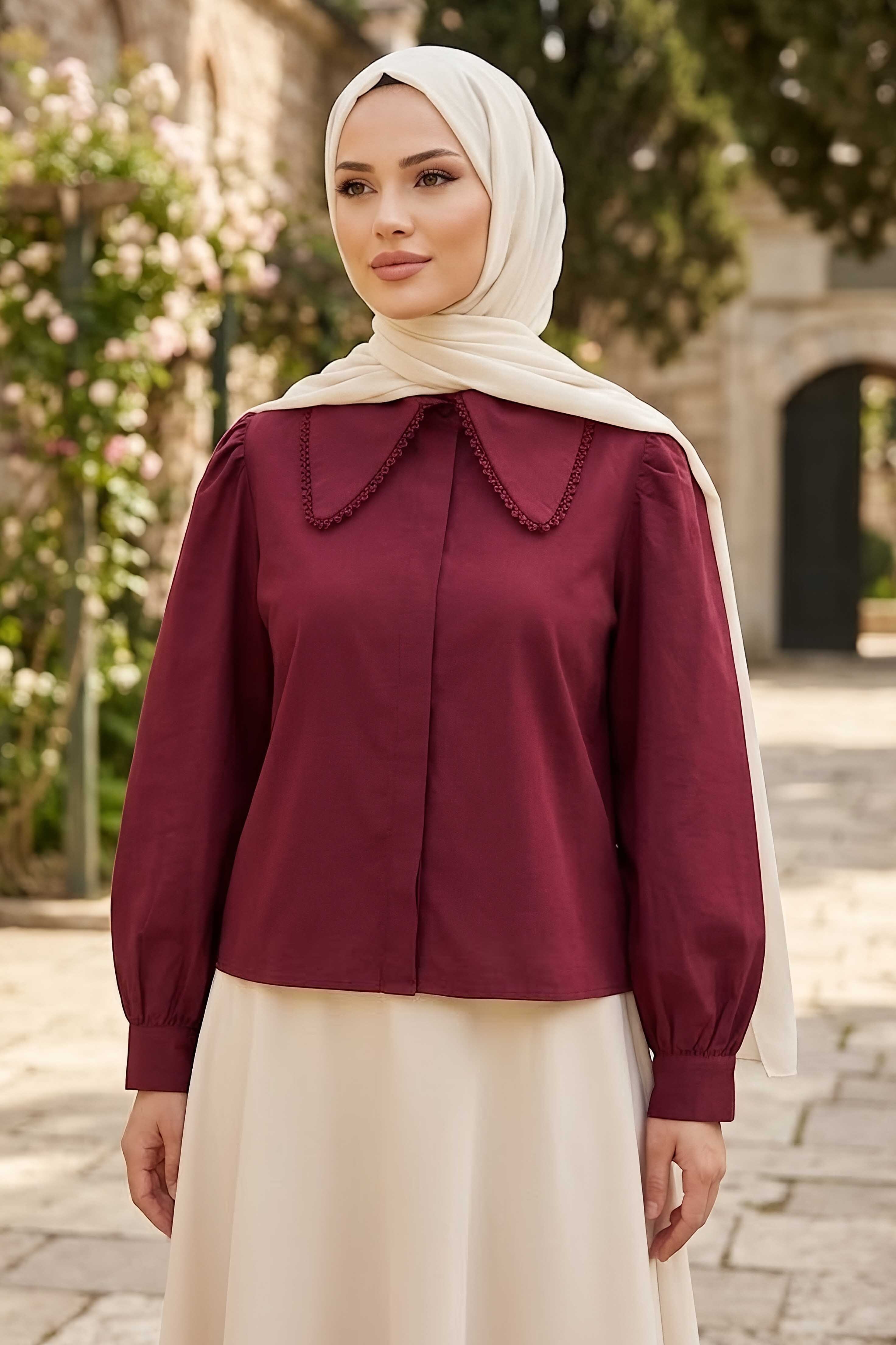 Yaka Dantel Detaylı Kısa Gömlek Bordo - 28660-BORDO - 2