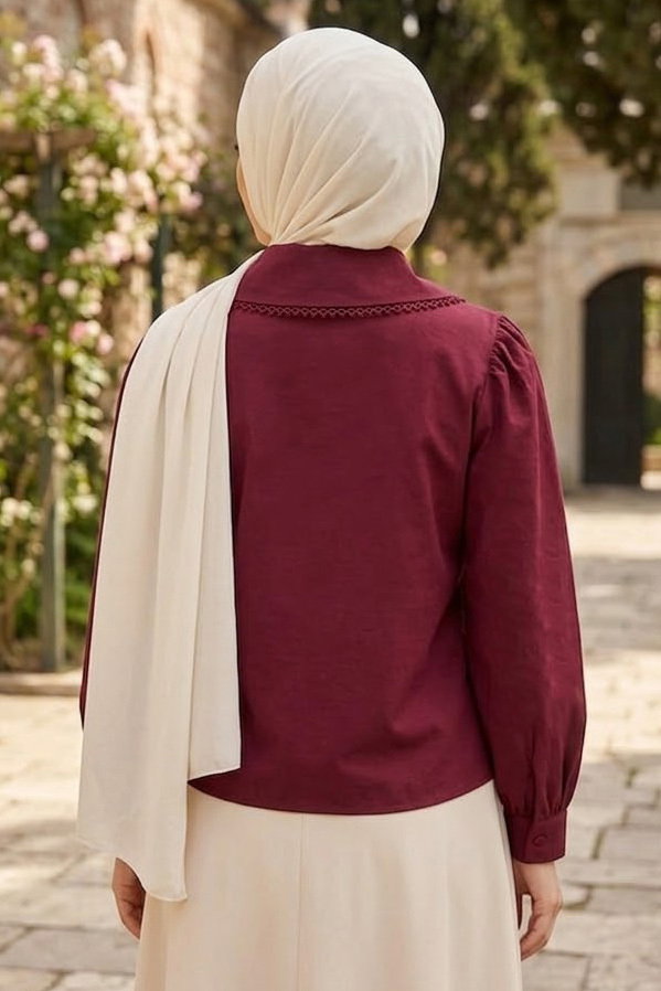 Yaka Dantel Detaylı Kısa Gömlek Bordo - 28660-BORDO - 3