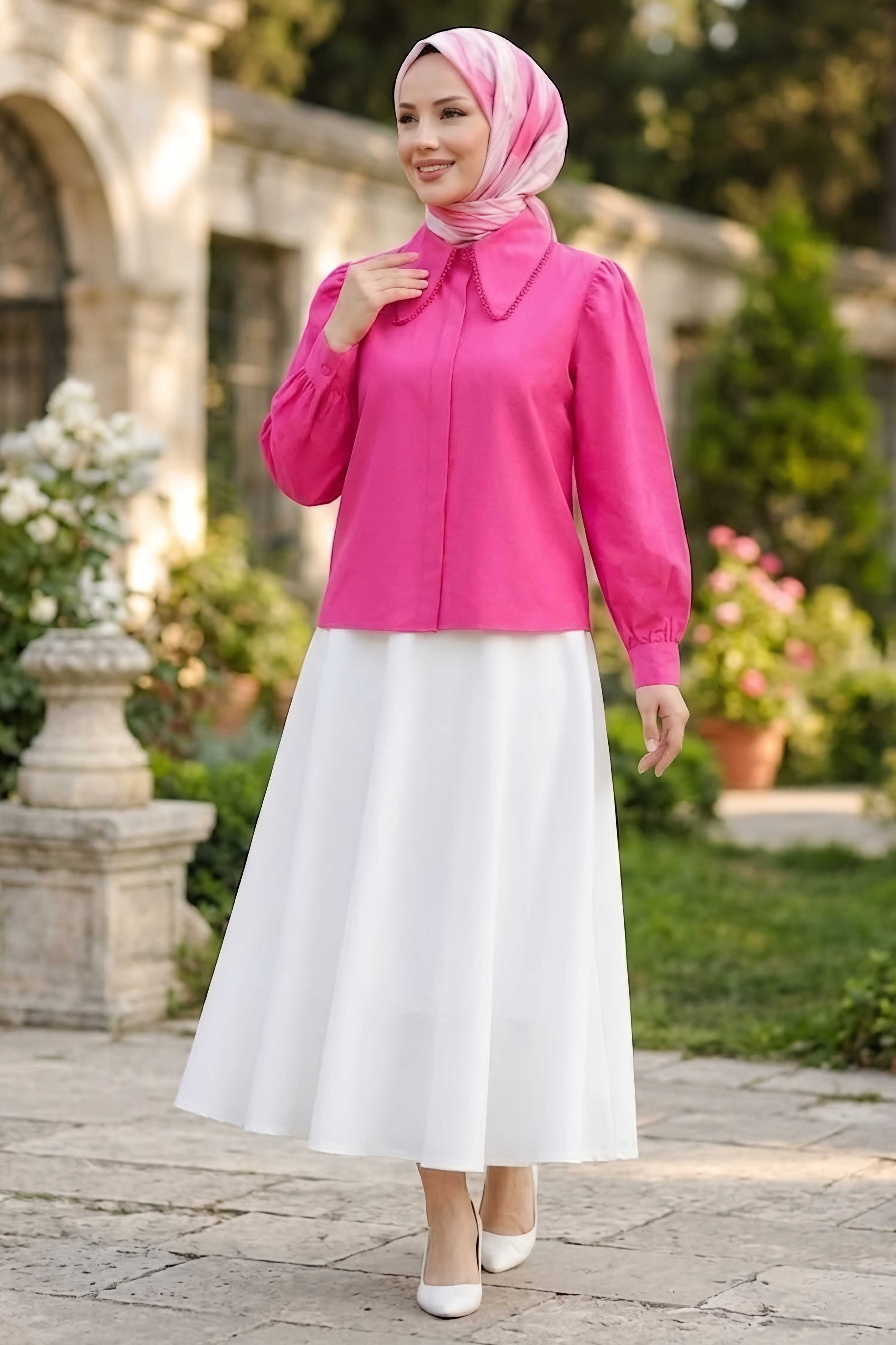 Yaka Dantel Detaylı Kısa Gömlek Fusya - 28660-FUSYA - 1